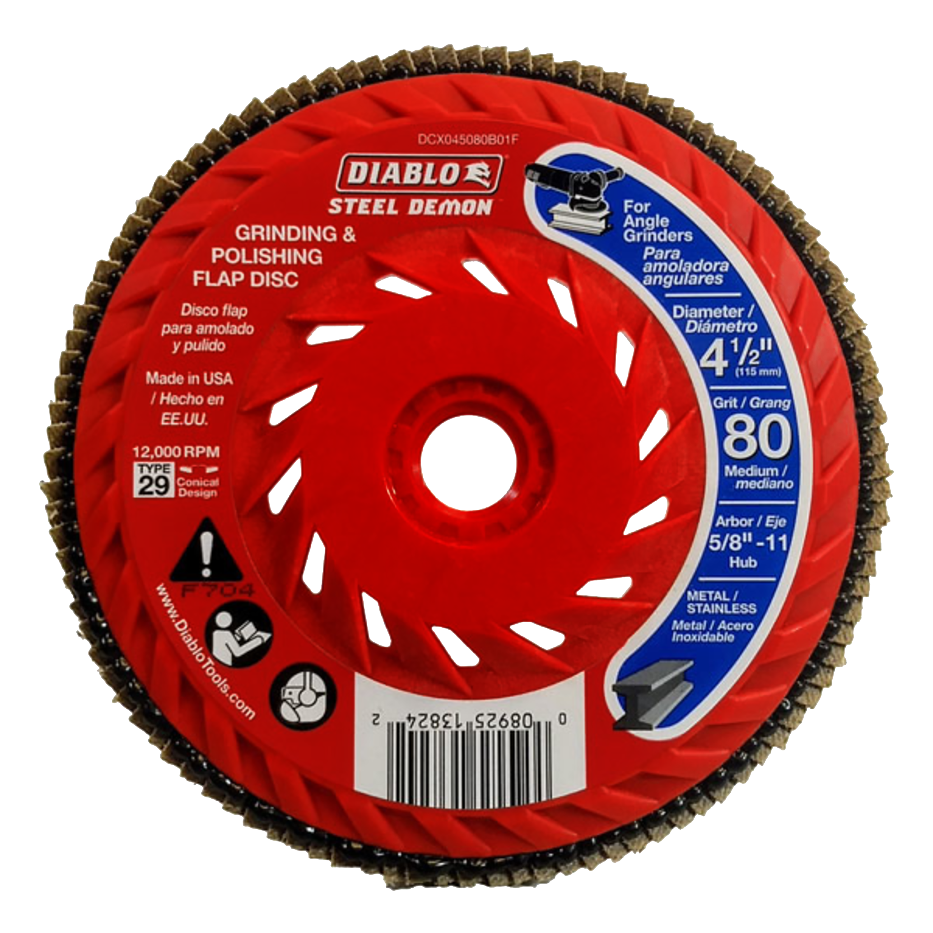 Red flap disc with tan abrasive flaps around perimeter, white center hole, and blue speed hub label indicating 4-1/2 inch dia