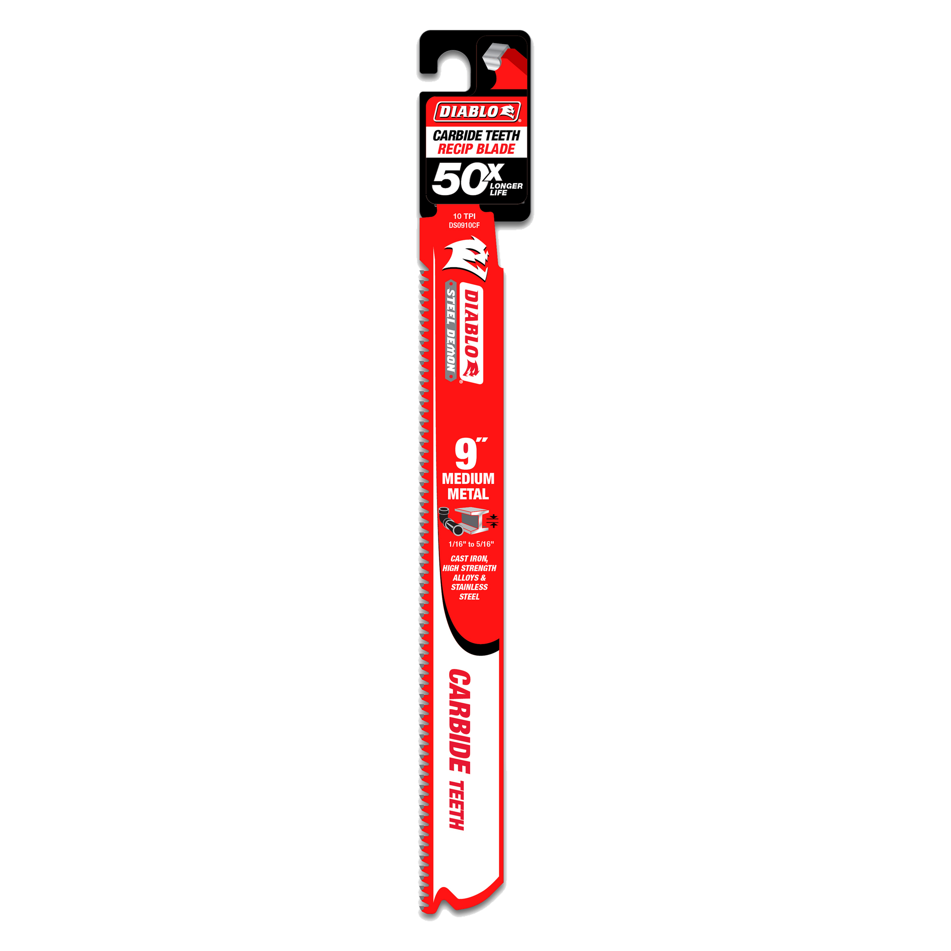 Diablo 9-inch carbide teeth reciprocating blade in red and black packaging for medium metal cutting.