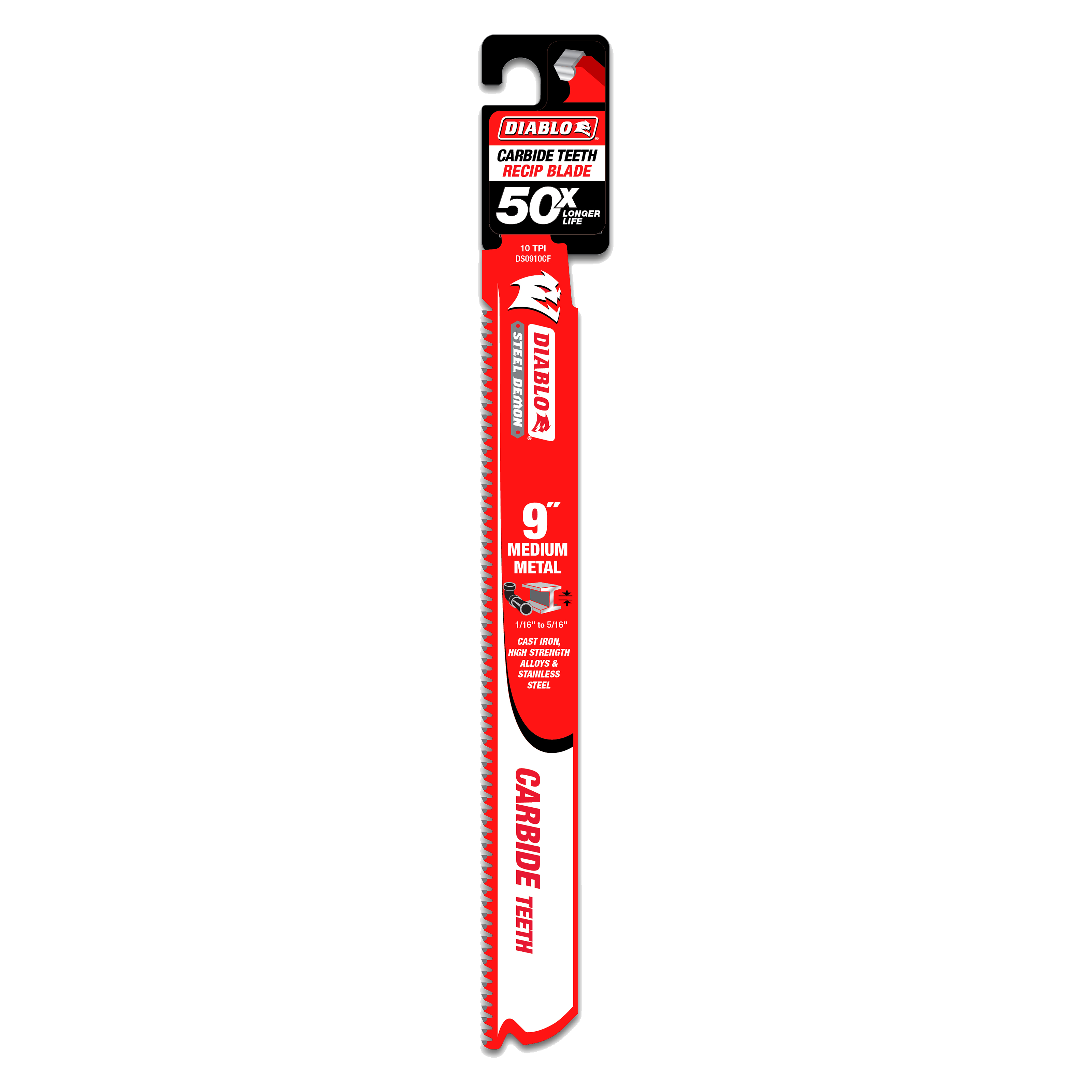 Diablo 9-inch carbide teeth reciprocating blade in red and black packaging for medium metal cutting.
