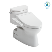 White one-piece elongated toilet with attached white bidet seat featuring control panel on side.