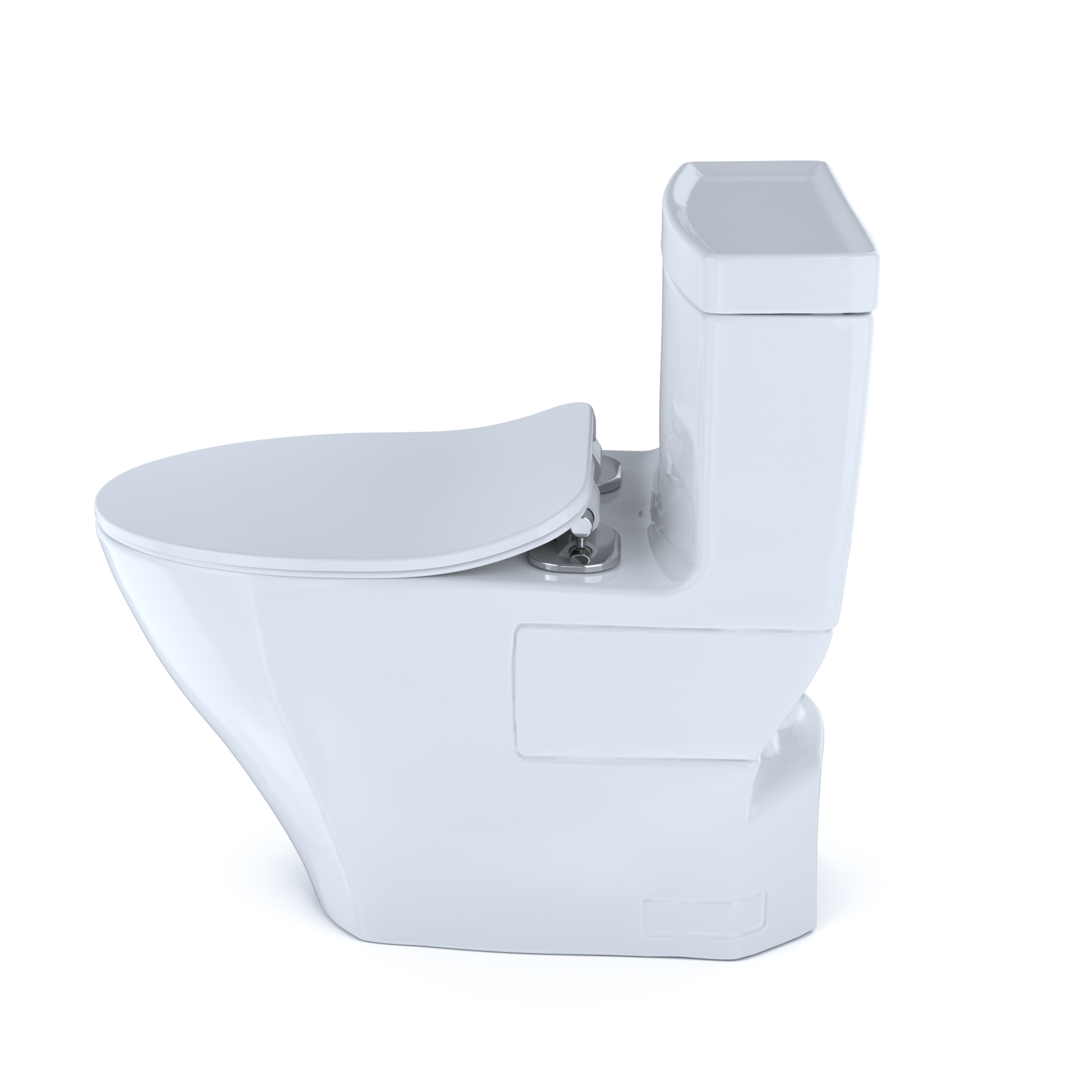 White elongated one-piece toilet with soft-close seat and integrated bidet controls mounted on the side.