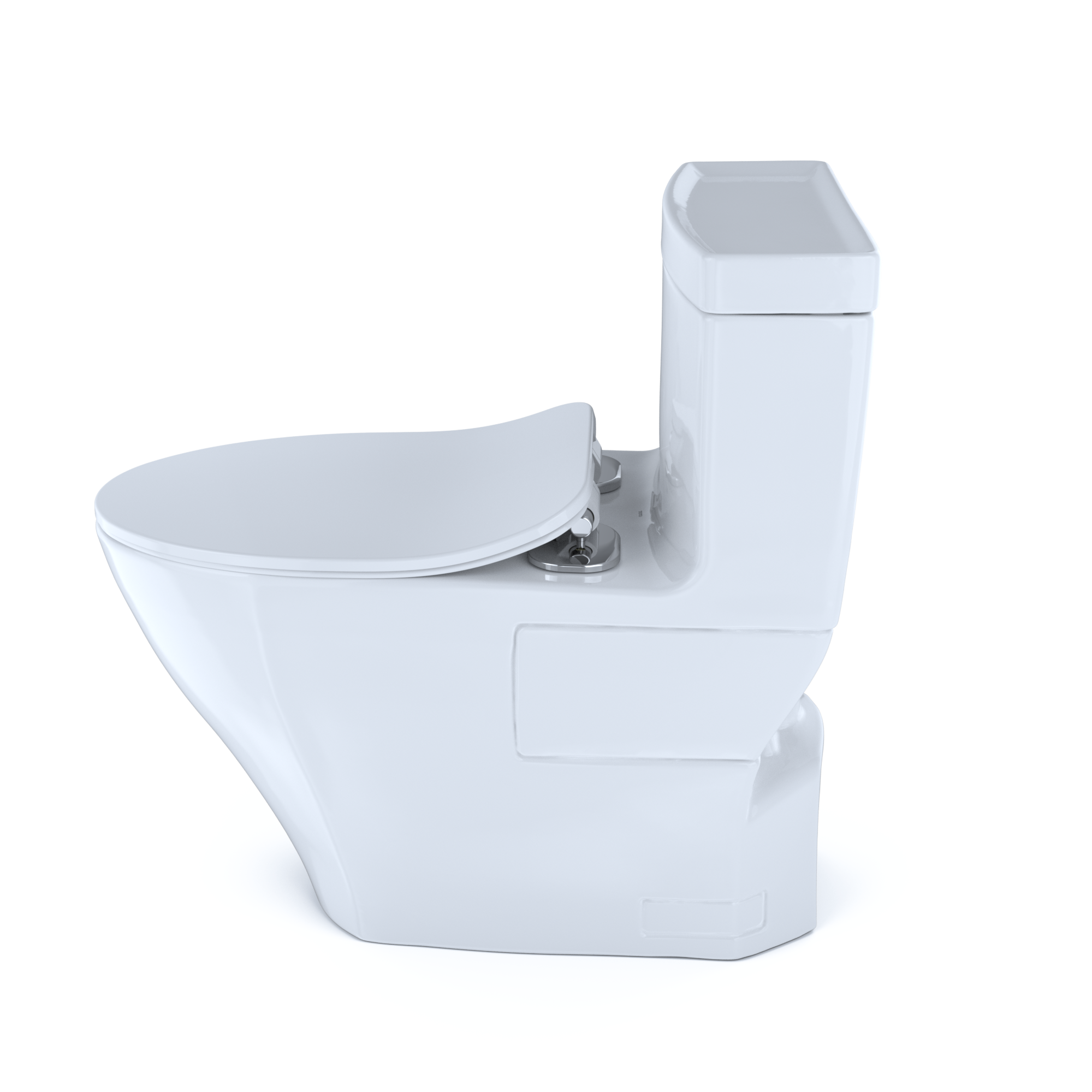 White elongated one-piece toilet with soft-close seat and integrated bidet controls mounted on the side.