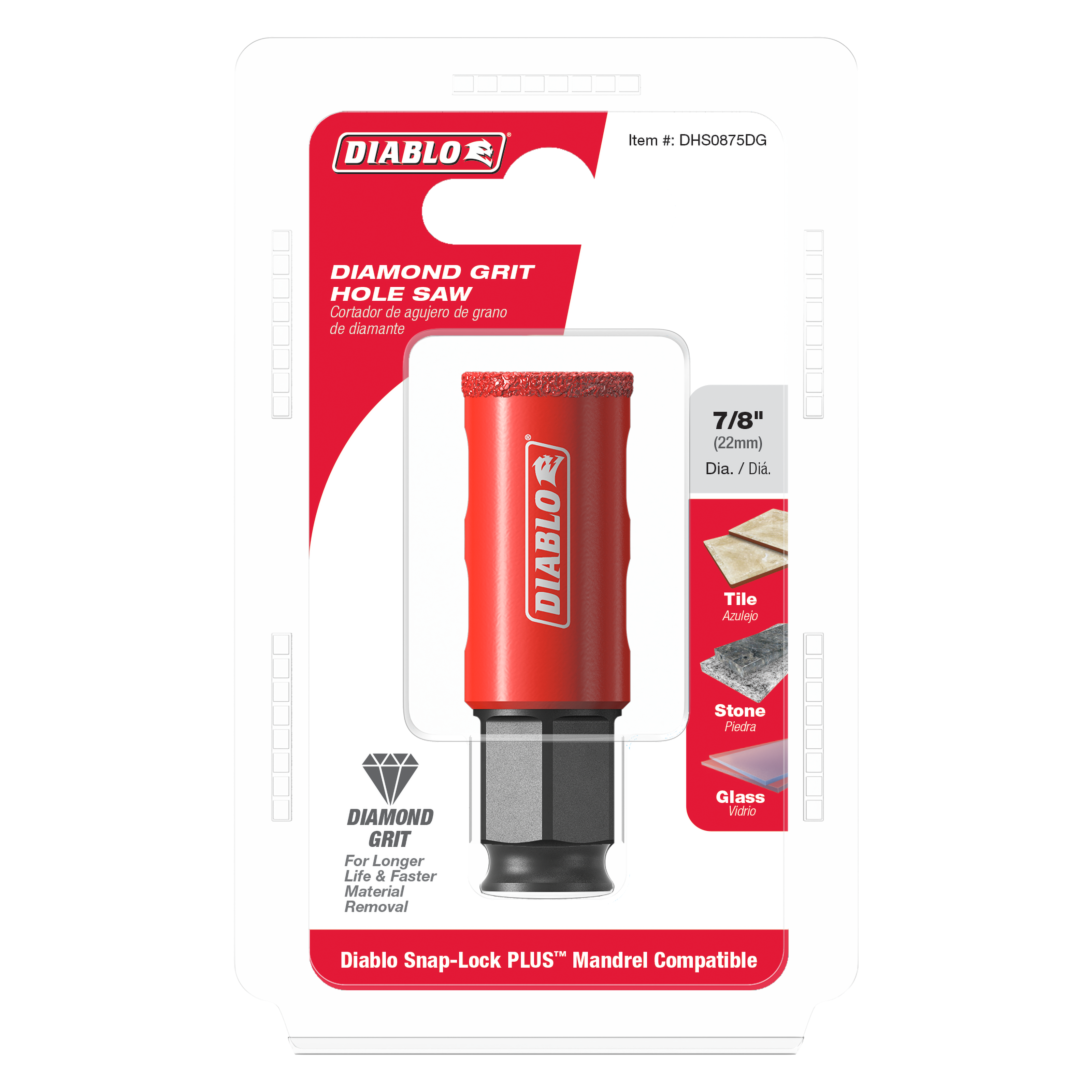 Red and black diamond grit hole saw, 7/8 inch diameter, with textured cutting surface for tile, stone, and glass.