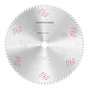 Freud LU5A10 circular saw blade with gray teeth, red clamping symbols, and center hole for aluminum and non-ferrous material 