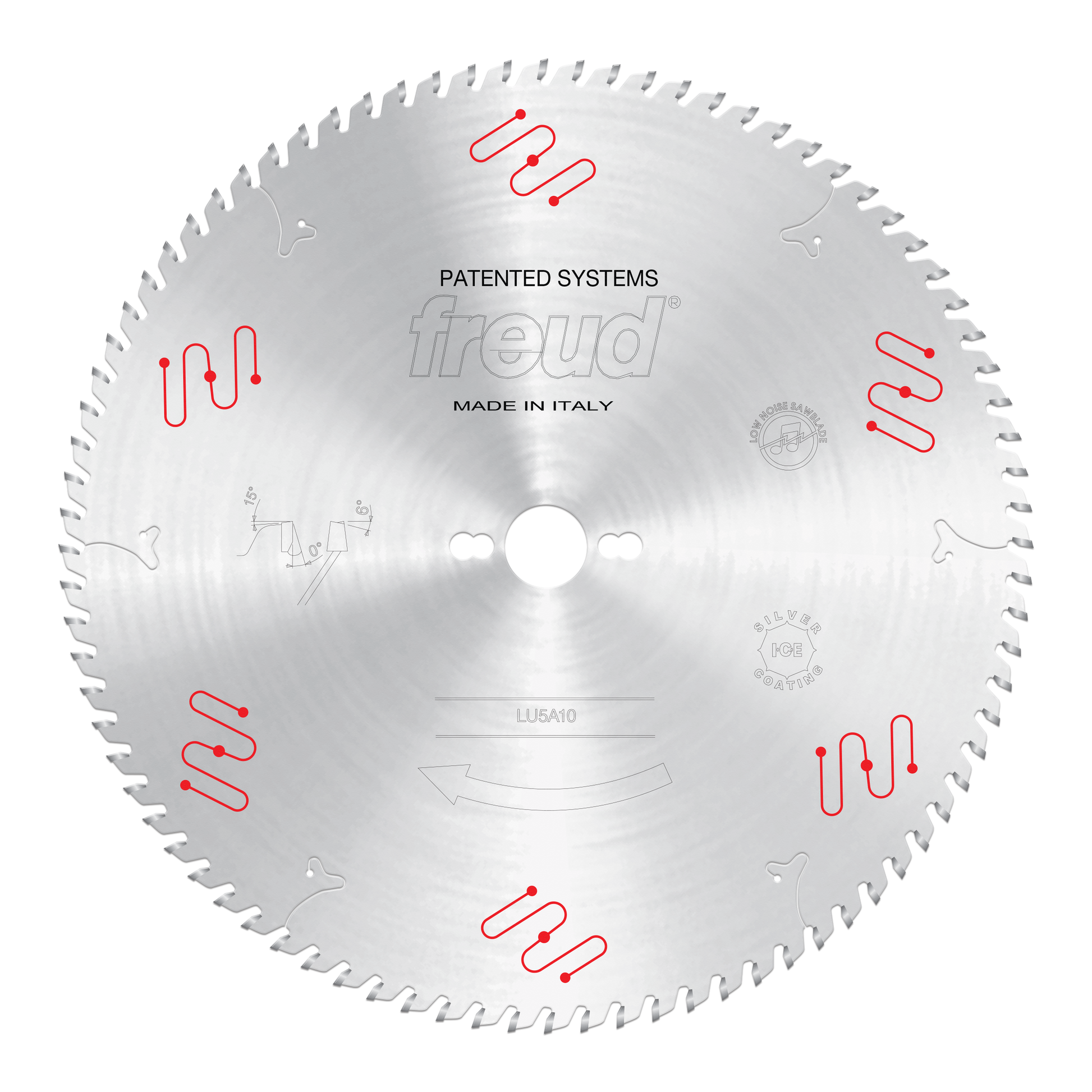 Freud LU5A10 circular saw blade with gray teeth, red clamping symbols, and center hole for aluminum and non-ferrous material 