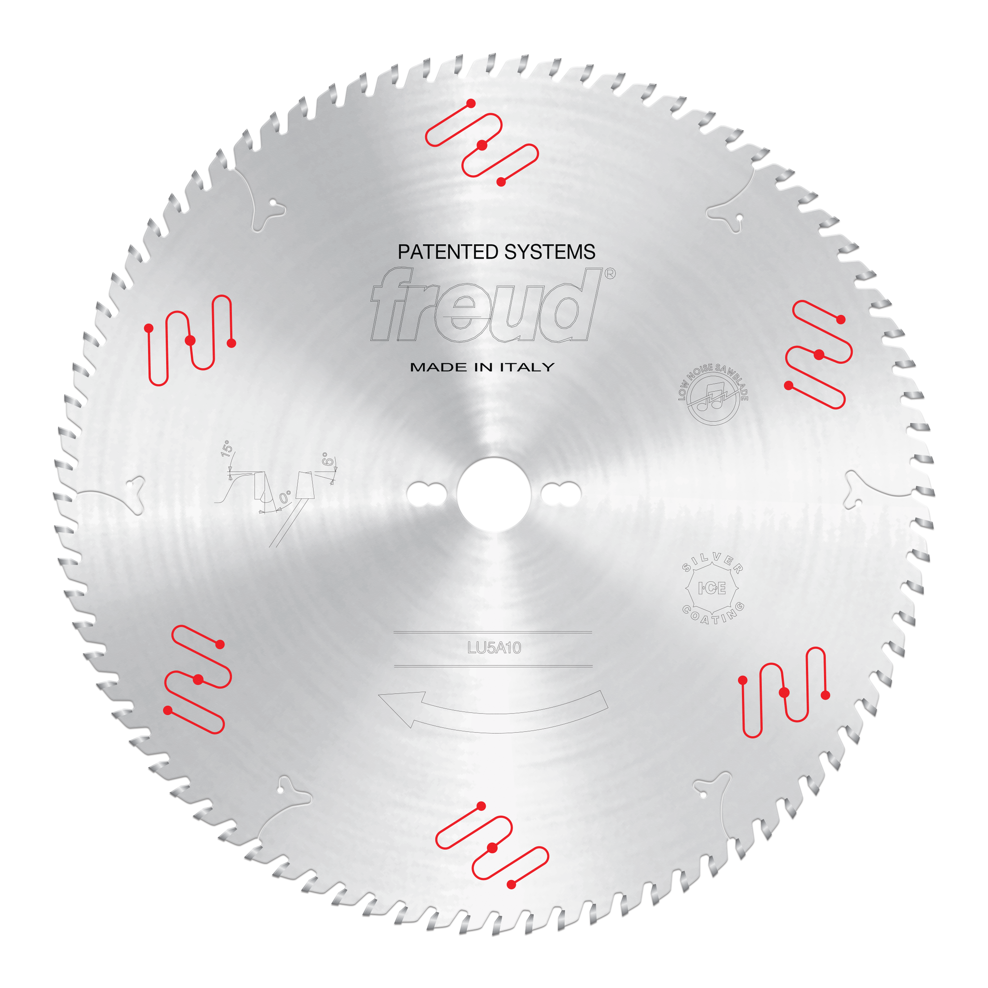 Freud LU5A10 circular saw blade with gray teeth, red clamping symbols, and center hole for aluminum and non-ferrous material 