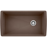 Cafe brown single bowl undermount kitchen sink with chrome drain strainer, viewed from above.