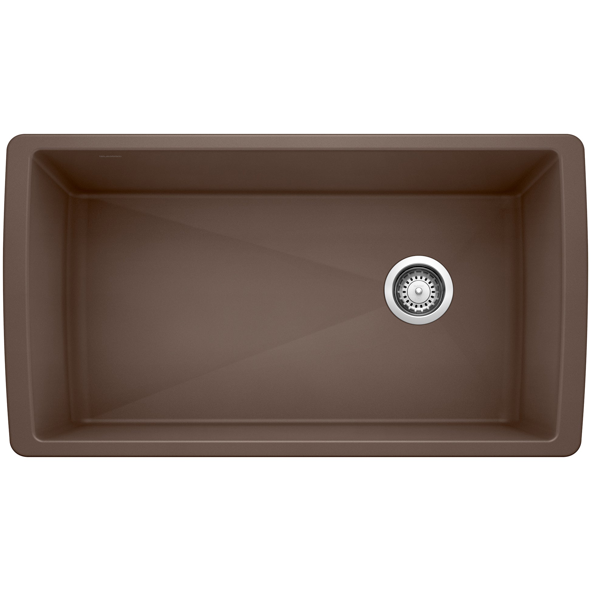 Cafe brown single bowl undermount kitchen sink with chrome drain strainer, viewed from above.