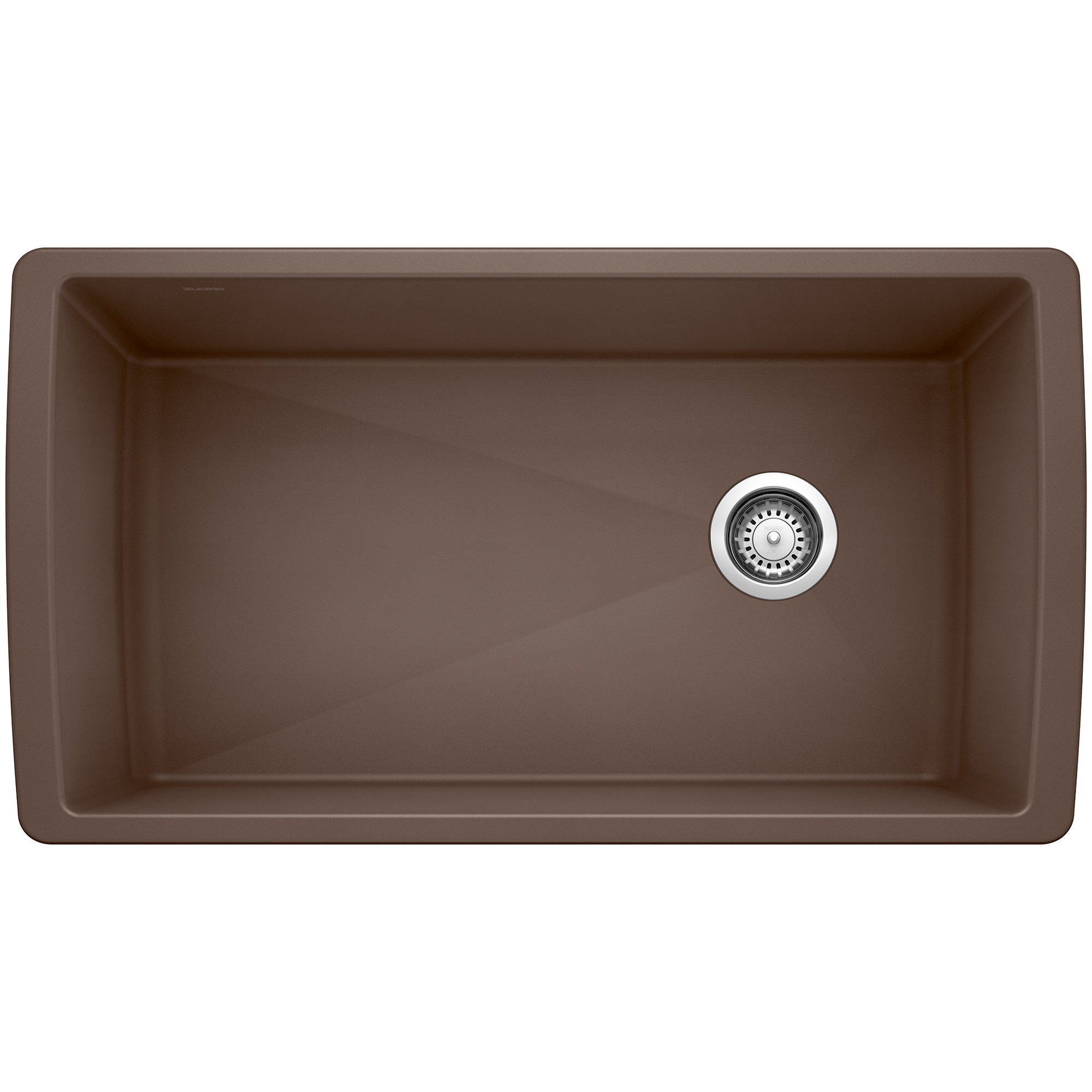 Cafe brown single bowl undermount kitchen sink with chrome drain strainer, viewed from above.