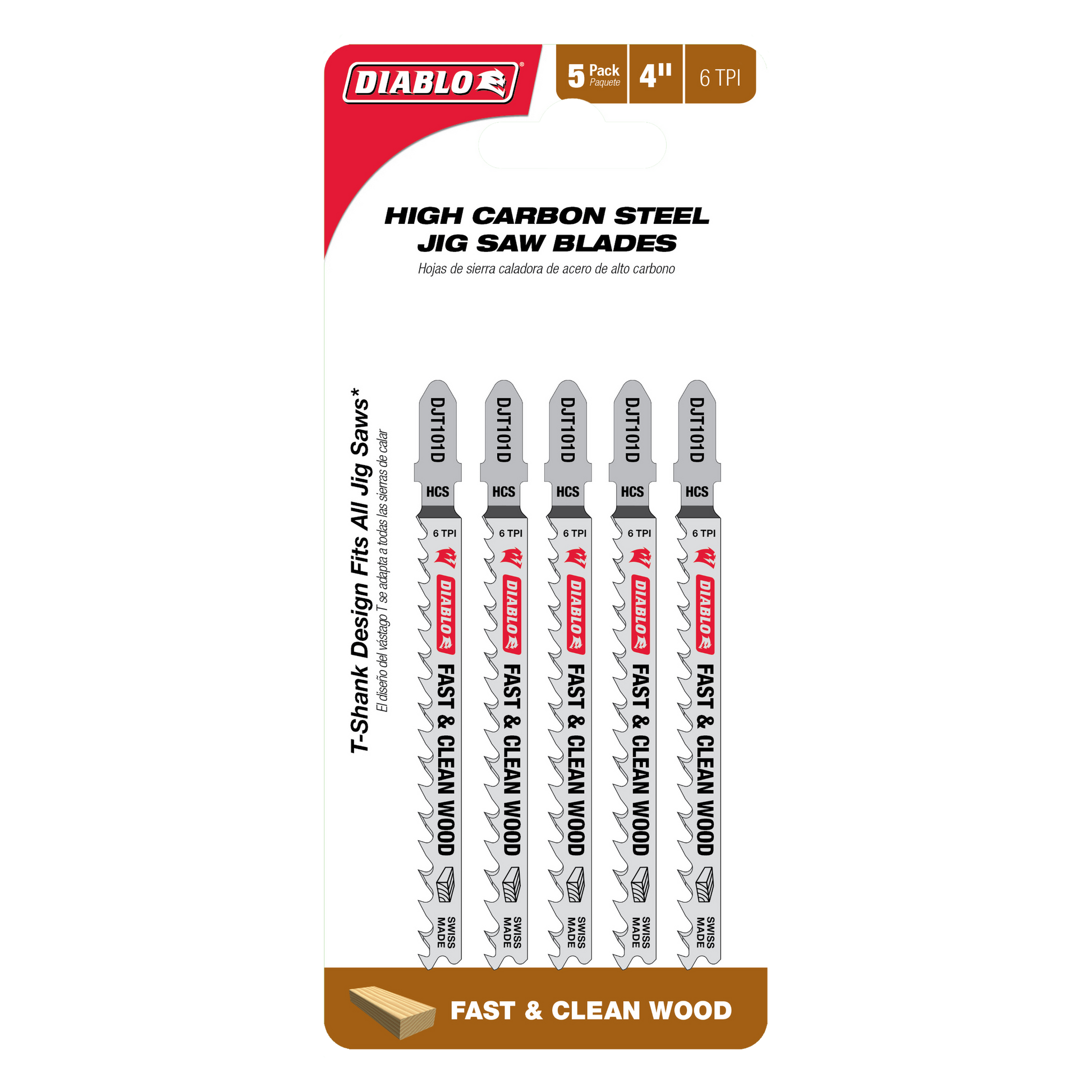 Five Diablo high carbon steel T-shank jig saw blades, 4 inches long with 6 teeth per inch, displayed on packaging.