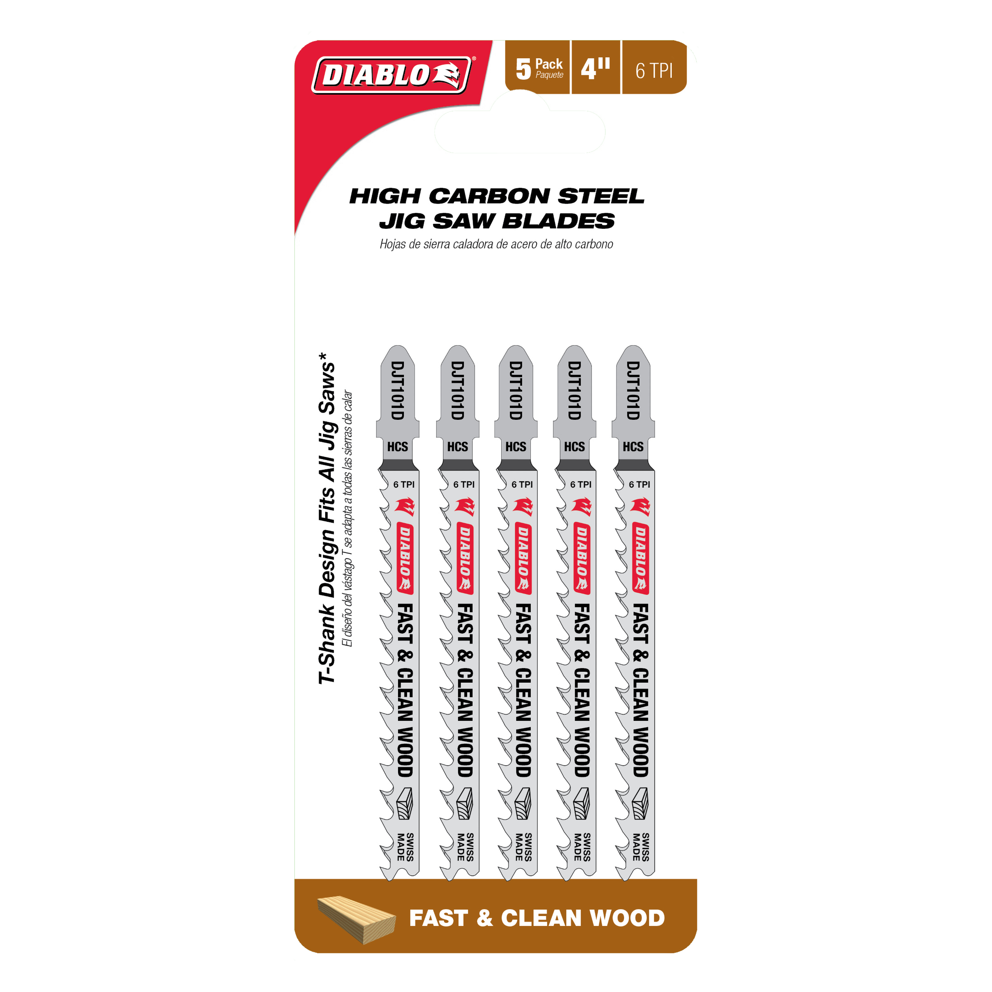 Five Diablo high carbon steel T-shank jig saw blades, 4 inches long with 6 teeth per inch, displayed on packaging.