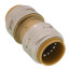 Brass push coupling with 3/4" diameter ports and threaded connection ends.
