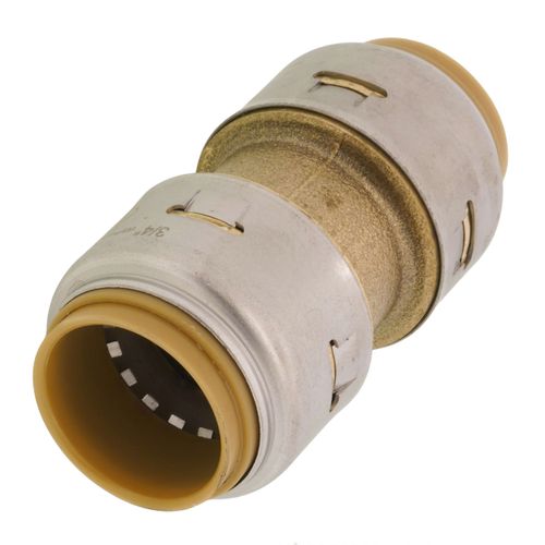 Two brass push-fit reducing couplings with white collar rings and internal sealing mechanism visible.