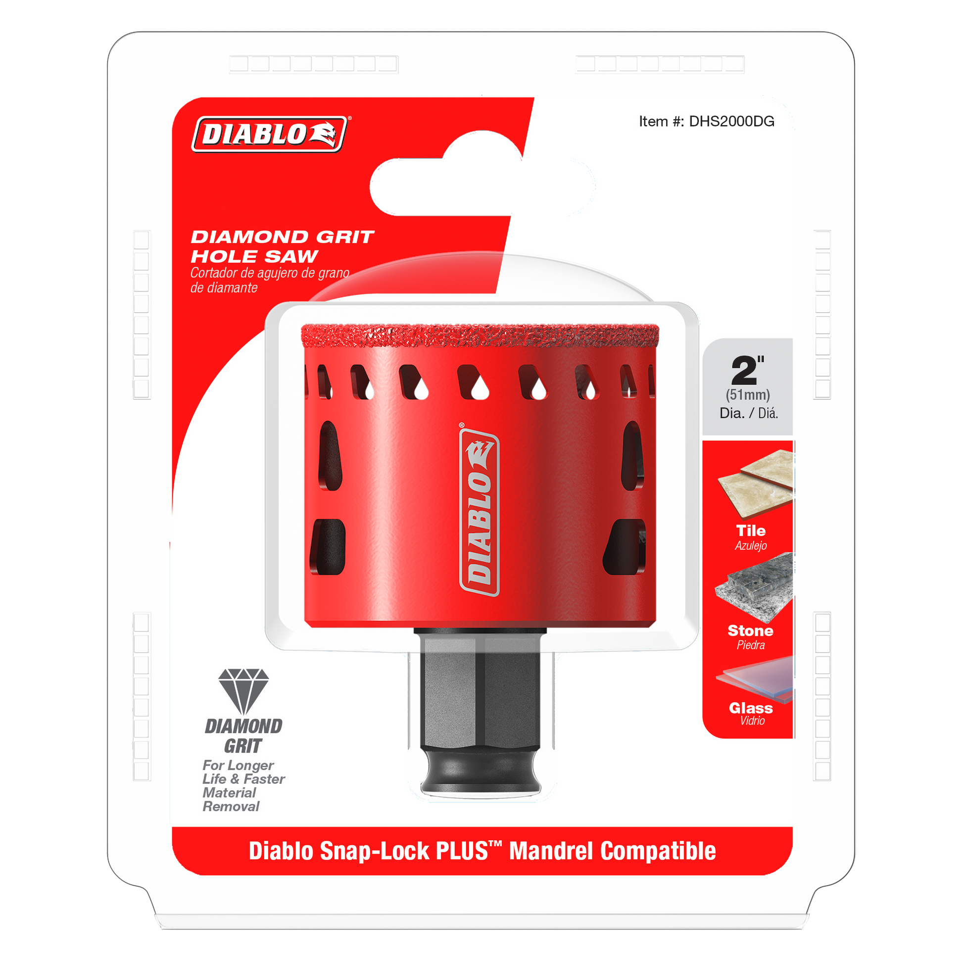 Red diamond grit hole saw with 2 inch diameter and black snap-lock mandrel attachment, displayed on retail packaging.