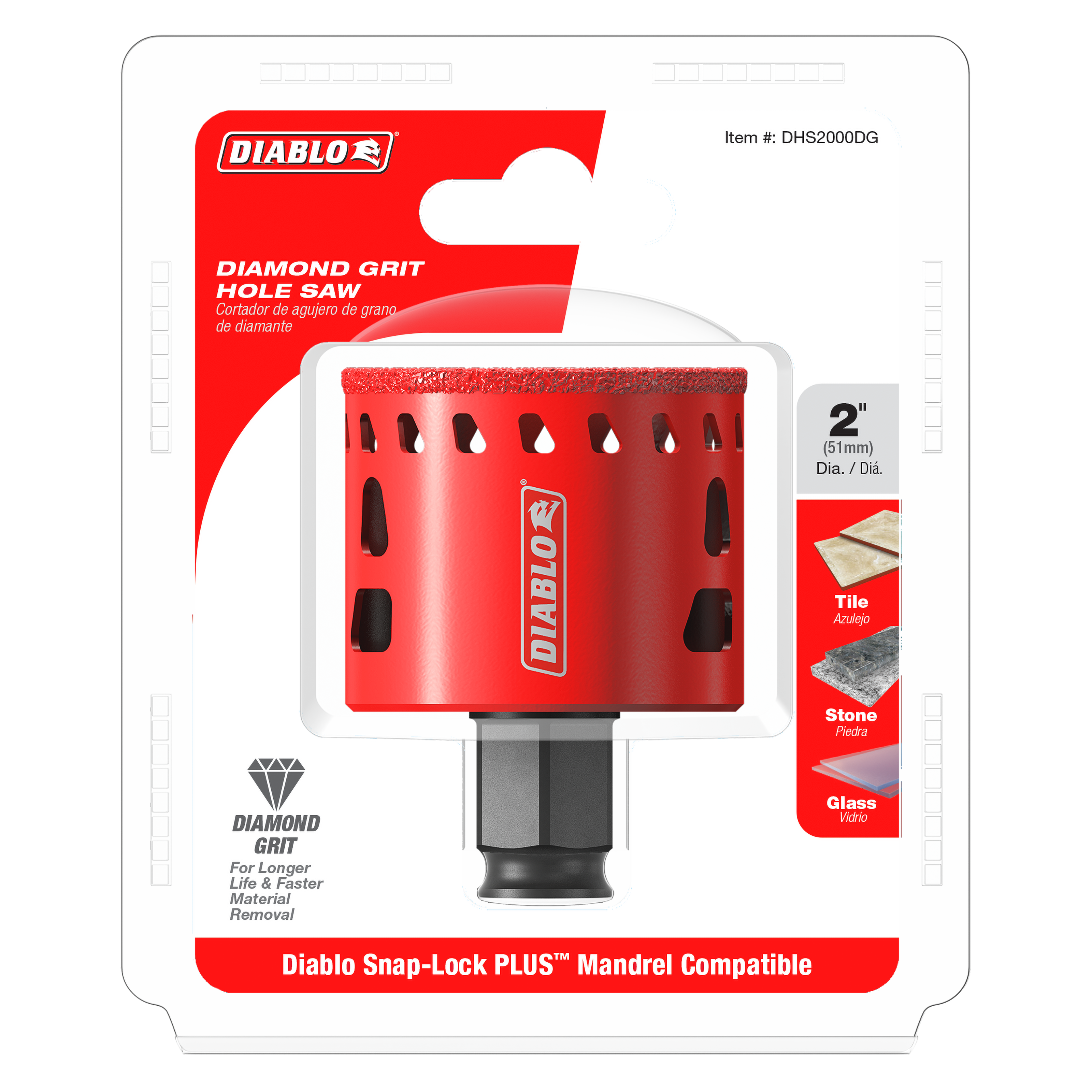 Red diamond grit hole saw with 2 inch diameter and black snap-lock mandrel attachment, displayed on retail packaging.