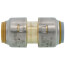 Brass coupling connector with two square ends labeled for push-to-connect pipe fitting installation.