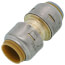 Brass and gray push-to-connect coupling with ribbed grip sections on both ends.