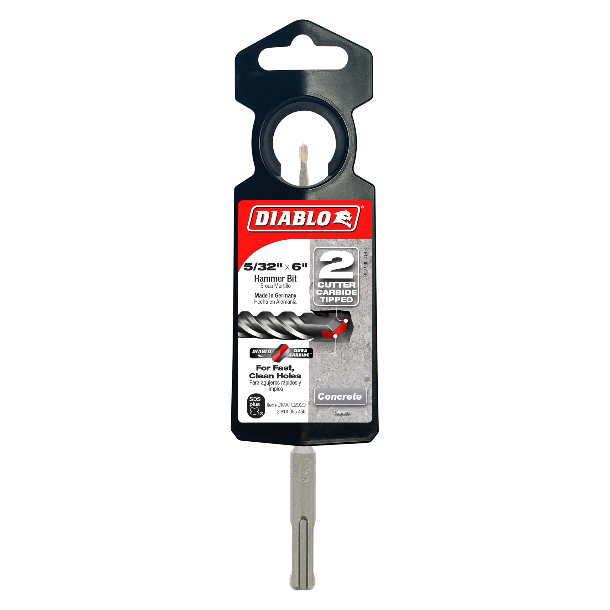 Diablo SDS-Plus hammer bit with 2-cutter carbide tip and black packaging card displayed against white background.