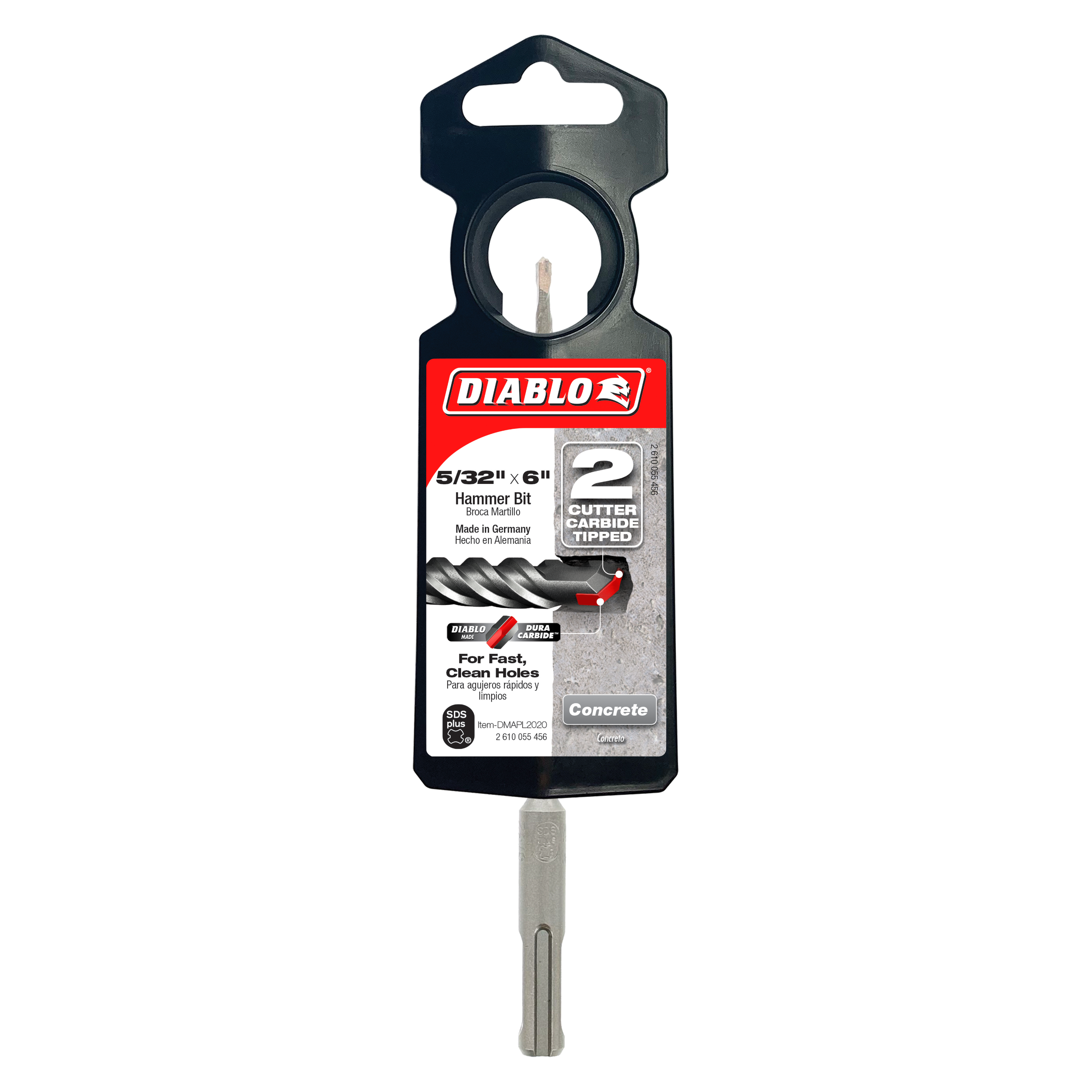 Diablo SDS-Plus hammer bit with 2-cutter carbide tip and black packaging card displayed against white background.