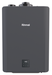 Rinnai Sensei CX Series gray tankless water heater with digital display and dual vent connections on top.