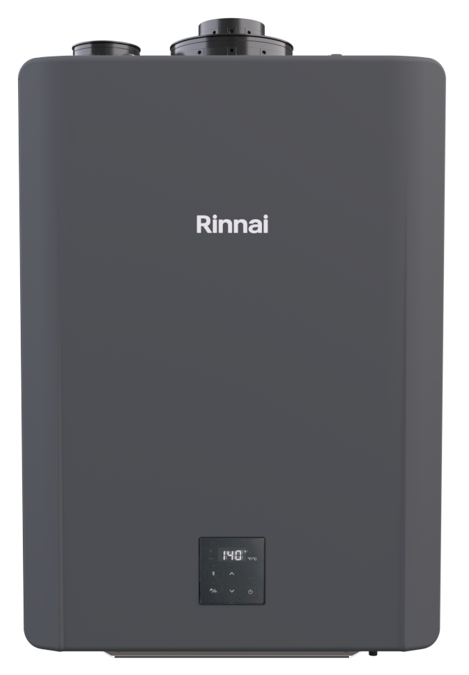 Gray rectangular Rinnai tankless water heater with digital display control panel and two vent pipes on top.