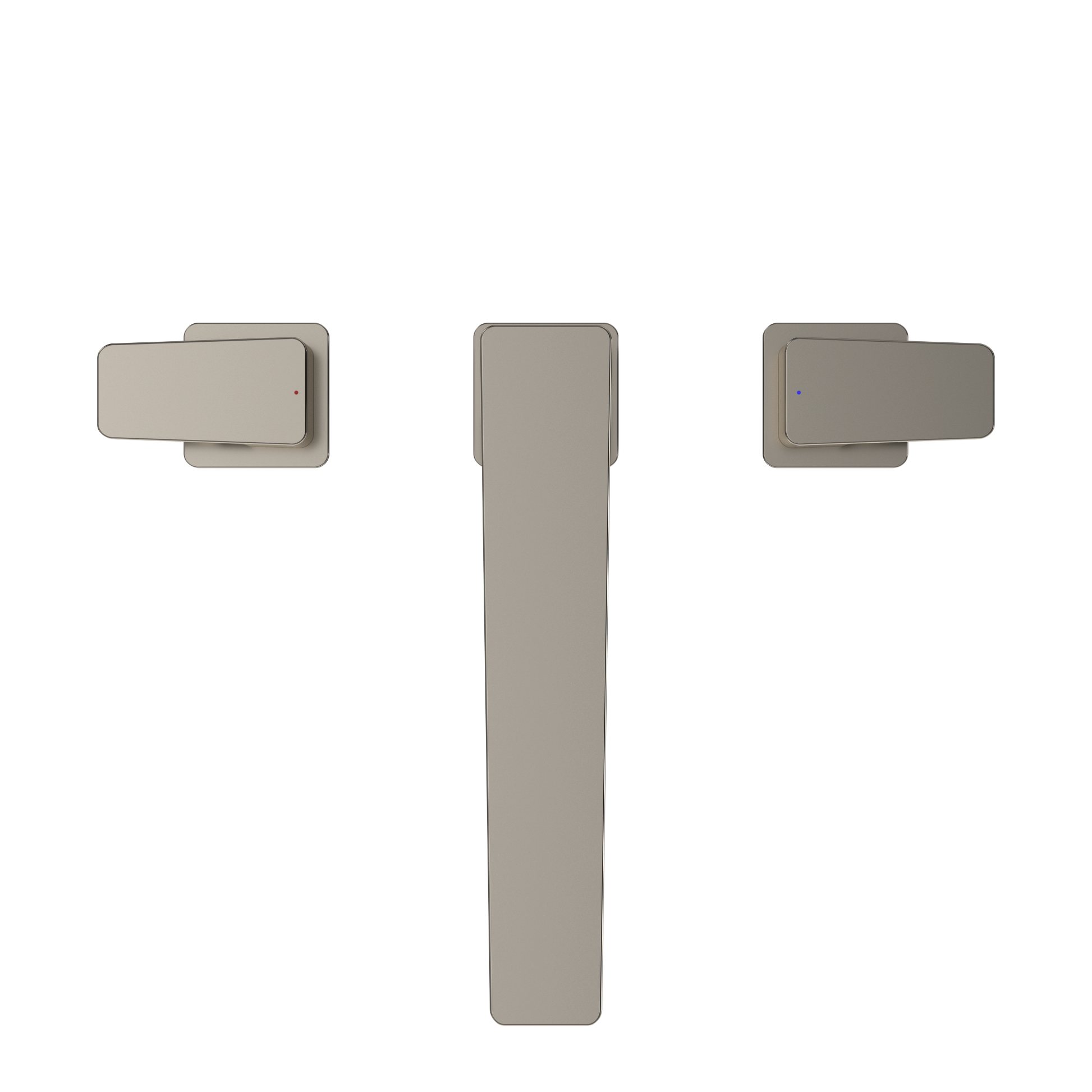 Polished nickel two-handle deck-mount Roman tub filler trim with central spout and dual side lever handles.