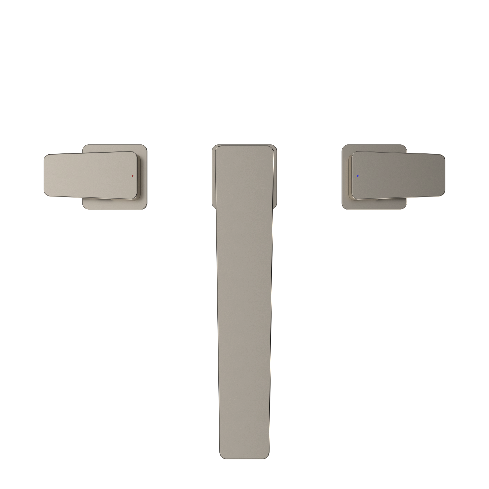 Polished nickel two-handle deck-mount Roman tub filler trim with central spout and dual side lever handles.