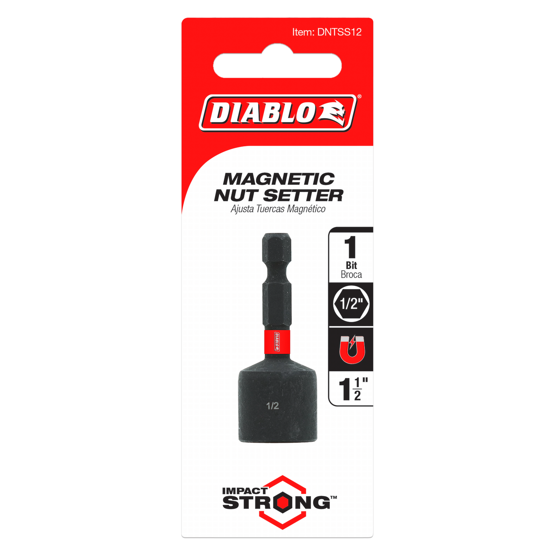 Black magnetic nut setter with red band on 1/2 inch hex drive bit in Diablo packaging.