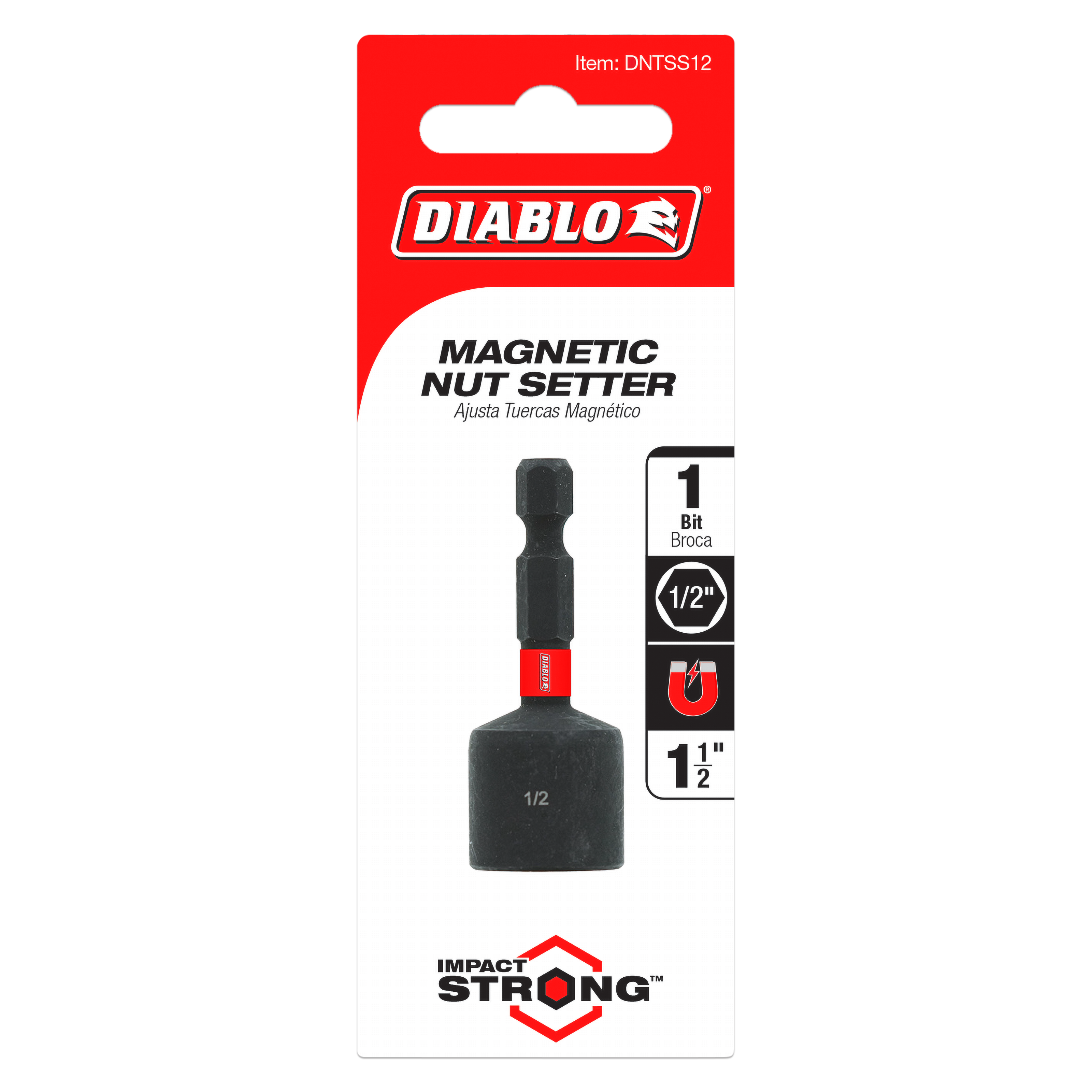 Black magnetic nut setter with red band on 1/2 inch hex drive bit in Diablo packaging.