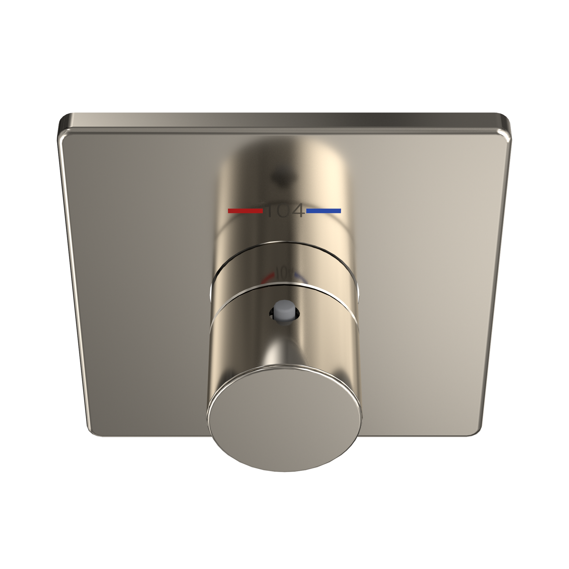 Polished nickel square thermostatic mixing valve shower trim with circular control handle and temperature indicator markings.