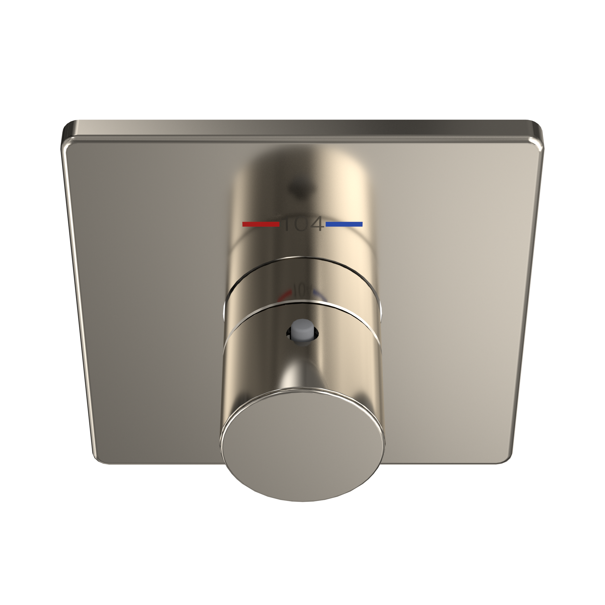 Polished nickel square thermostatic mixing valve shower trim with circular control handle and temperature indicator markings.