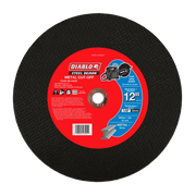 Black circular cut-off disc with red label showing Diablo Steel Demon branding and metal cutting specifications.