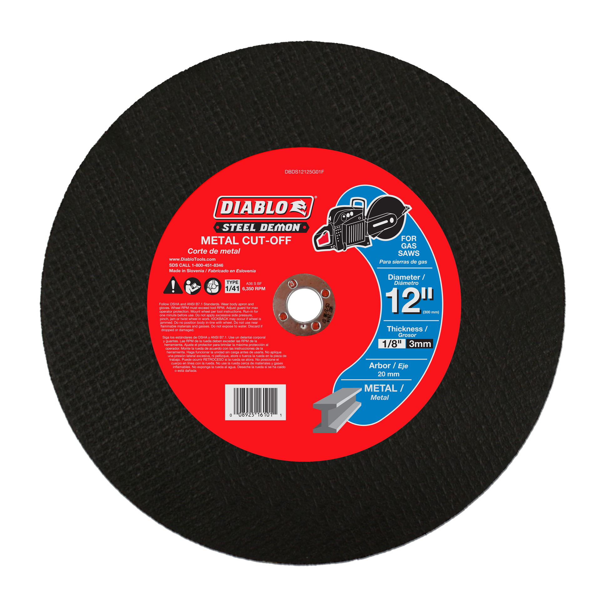 Black circular cut-off disc with red label showing Diablo Steel Demon branding and metal cutting specifications.