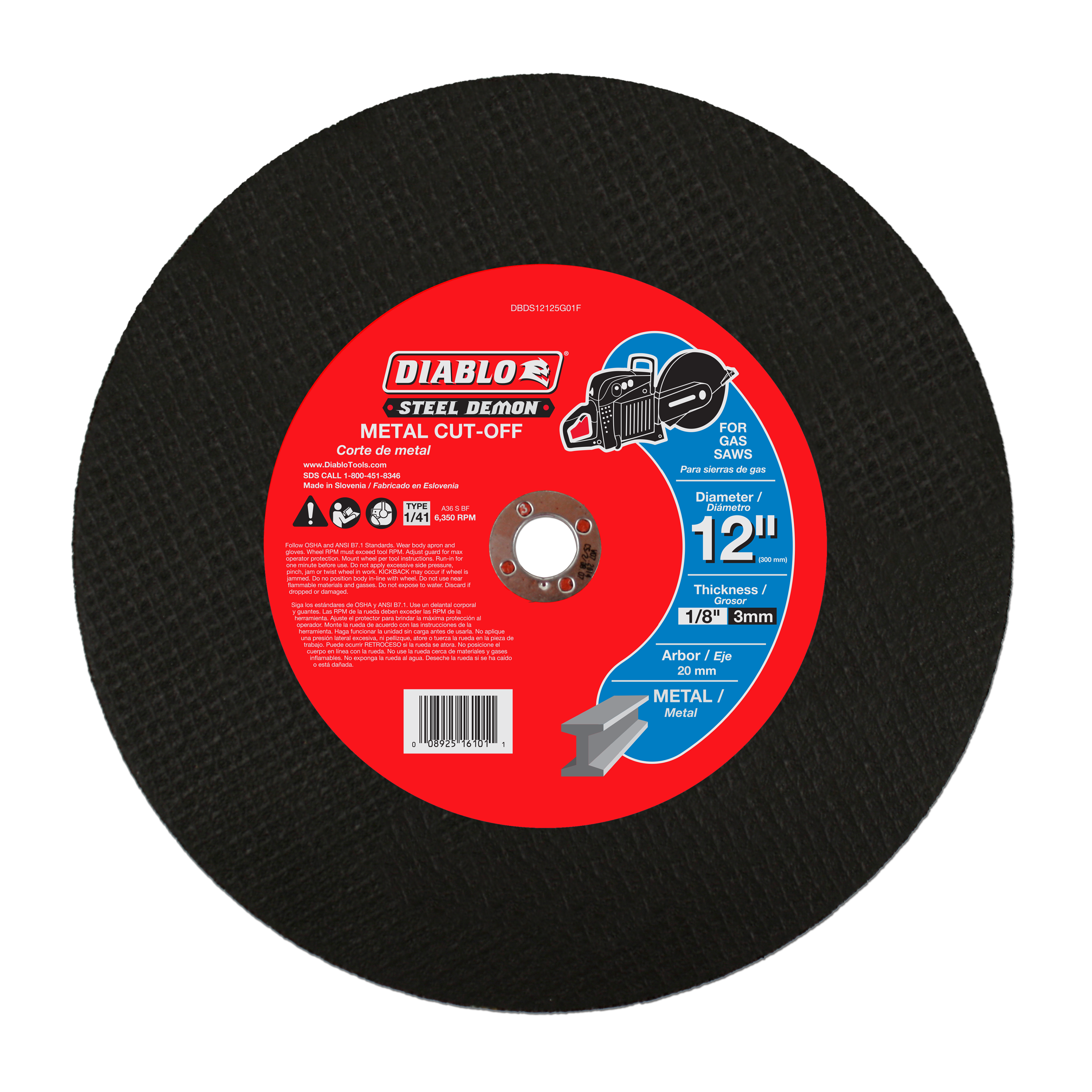 Black circular cut-off disc with red label showing Diablo Steel Demon branding and metal cutting specifications.
