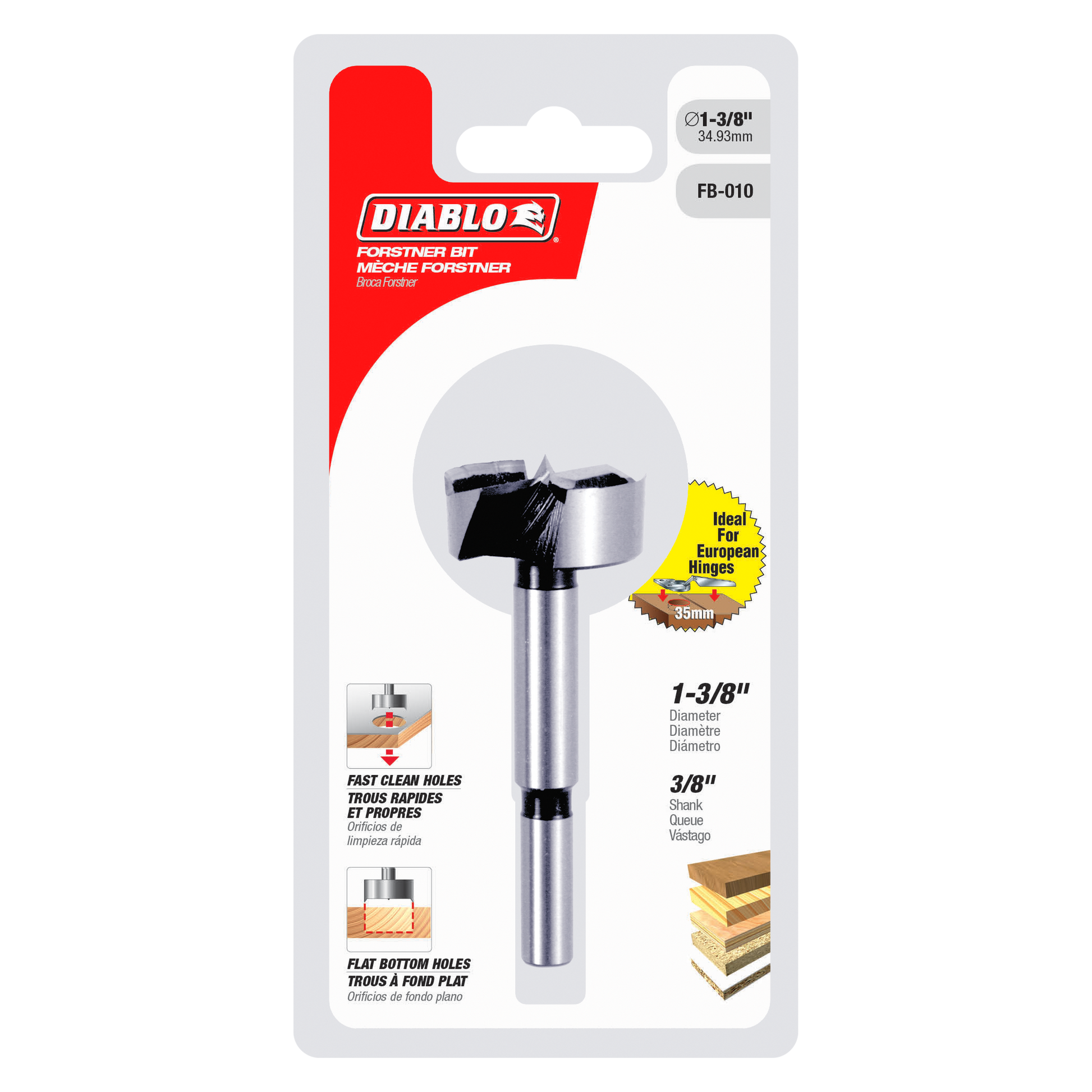 Silver and black Diablo Forstner bit with 1-3/8 inch diameter on packaging card.