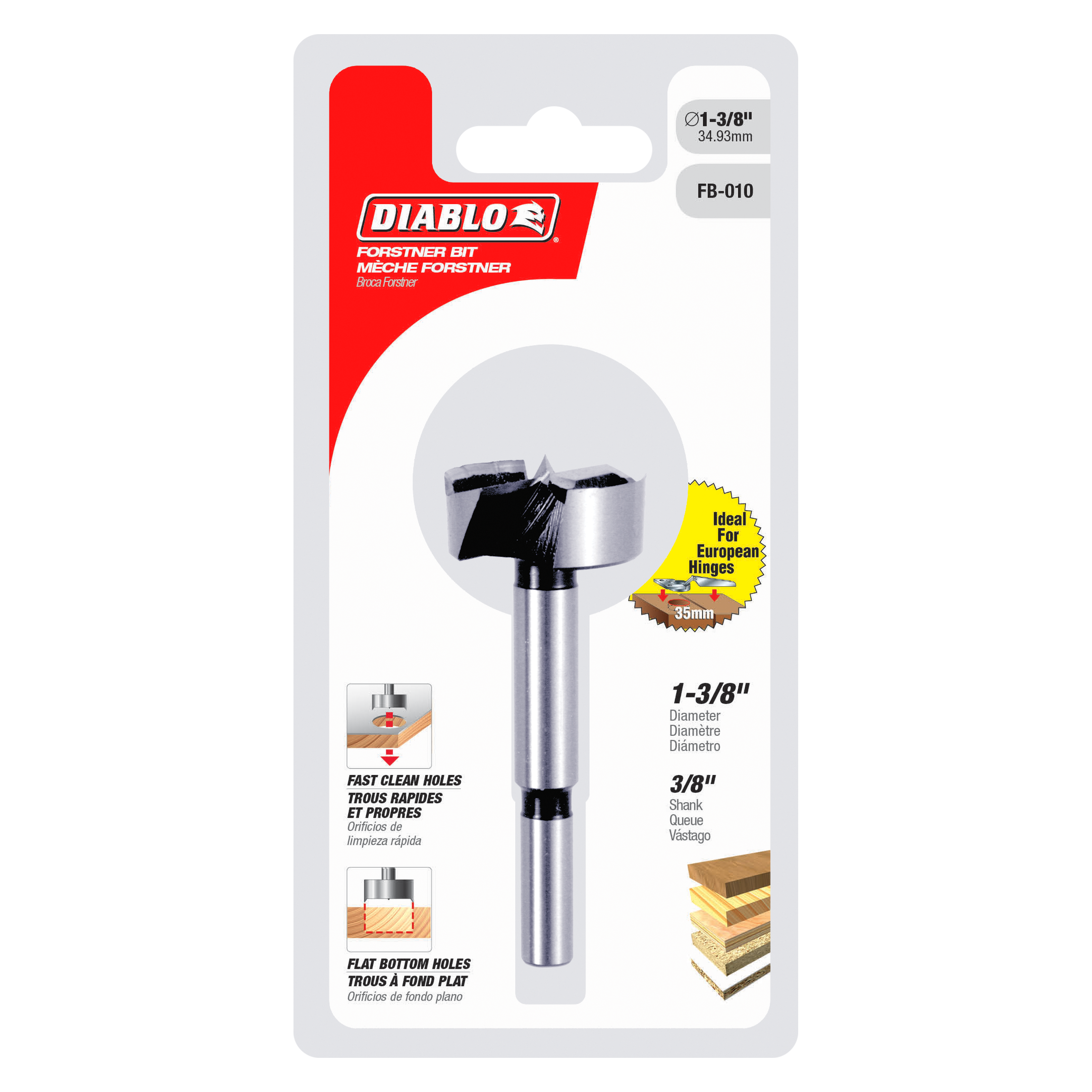Silver and black Diablo Forstner bit with 1-3/8 inch diameter on packaging card.