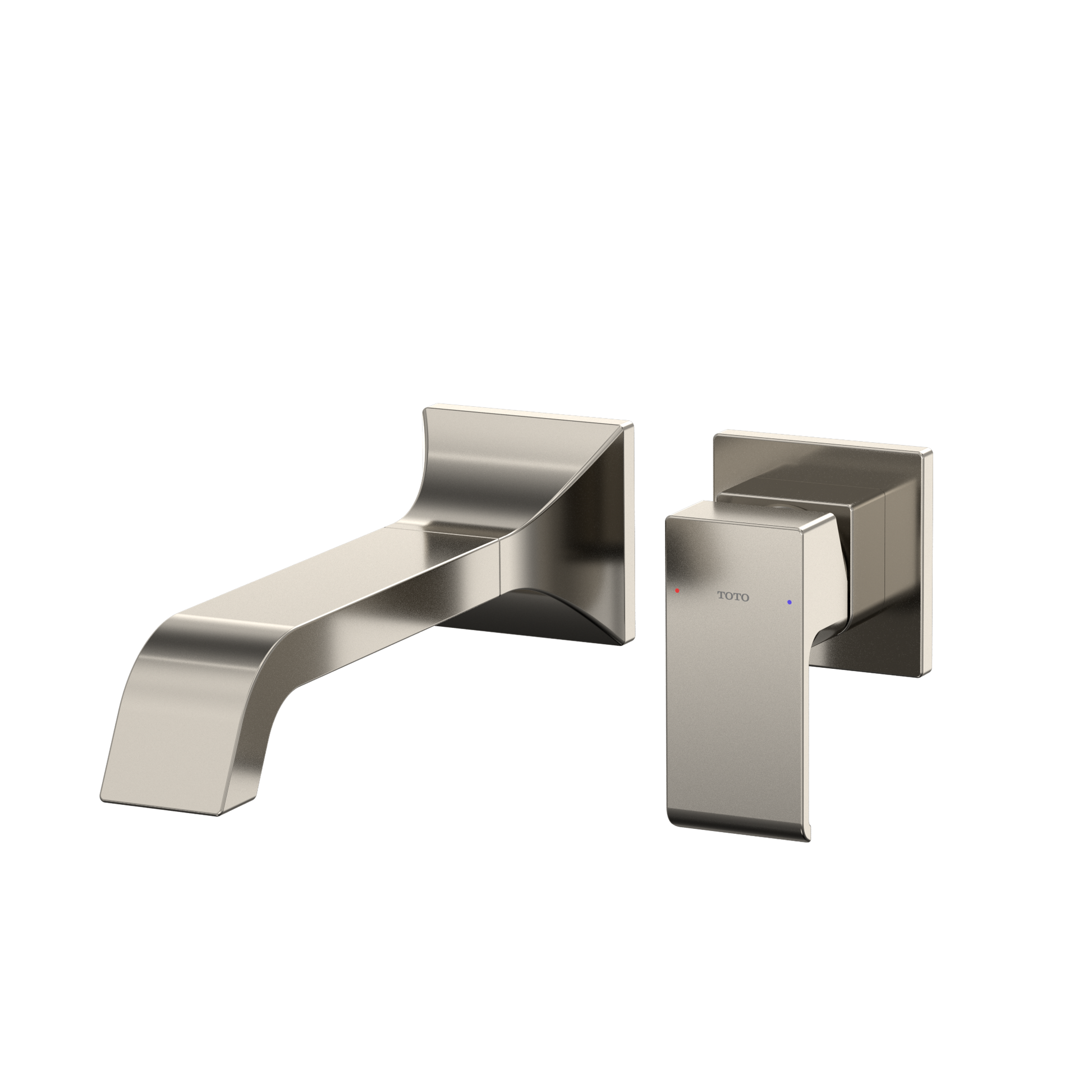 Polished nickel wall-mount bathroom faucet with curved spout and single rectangular handle.