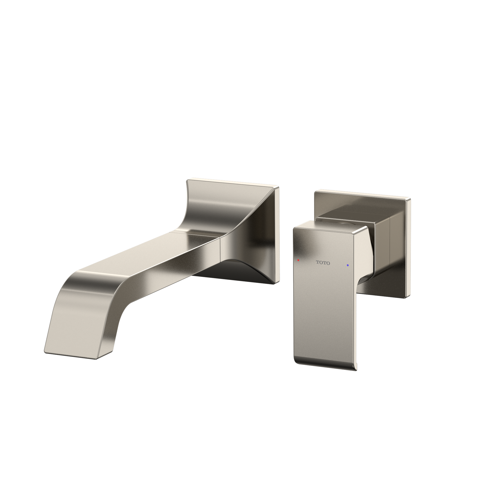 Polished nickel wall-mount bathroom faucet with curved spout and single rectangular handle.