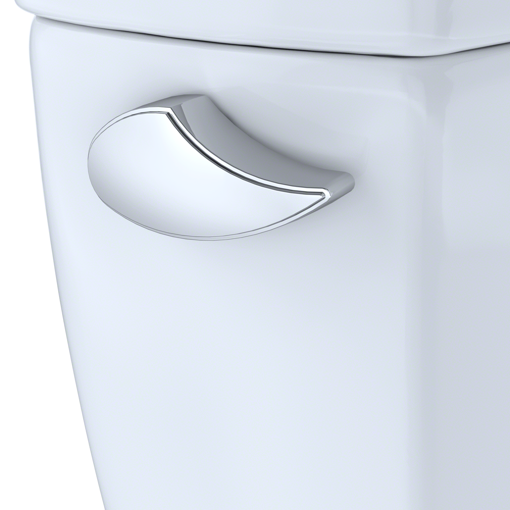 Polished chrome trip lever mounted on white toilet tank with curved handle design.