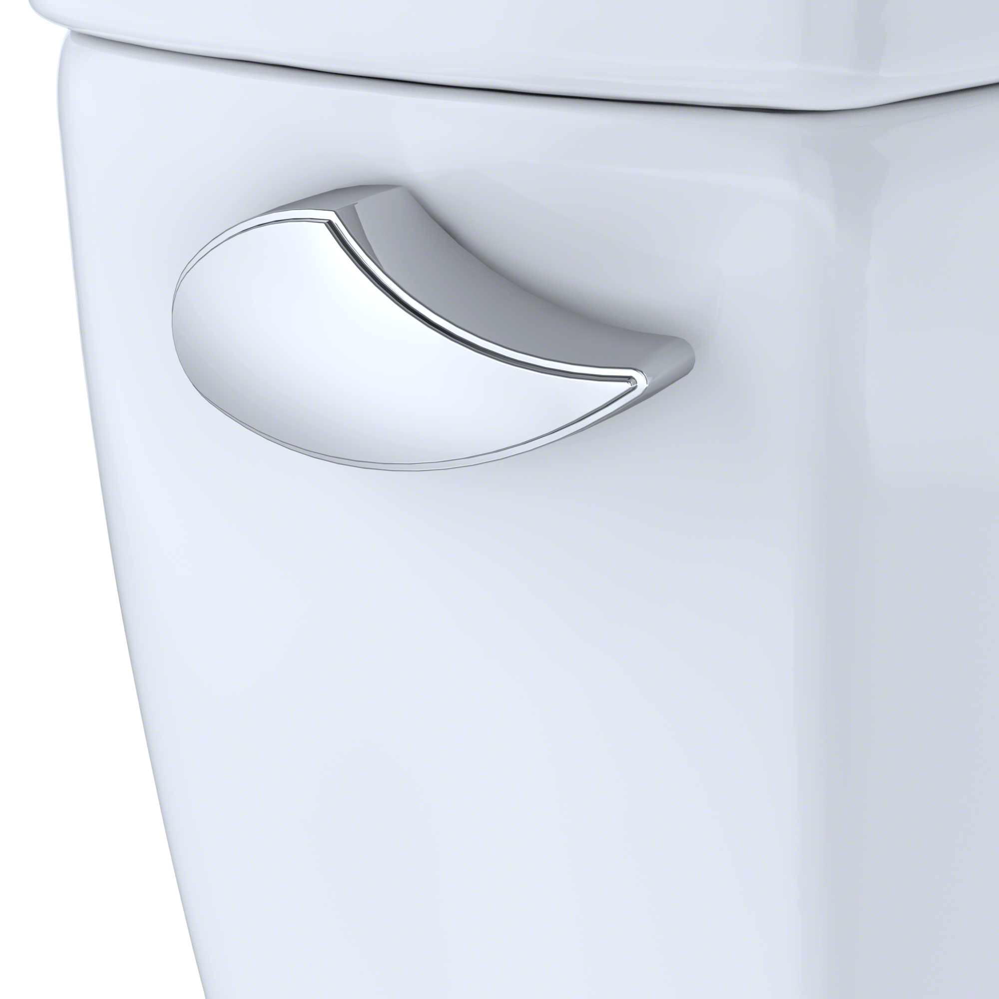 Polished chrome trip lever mounted on white toilet tank with curved handle design.