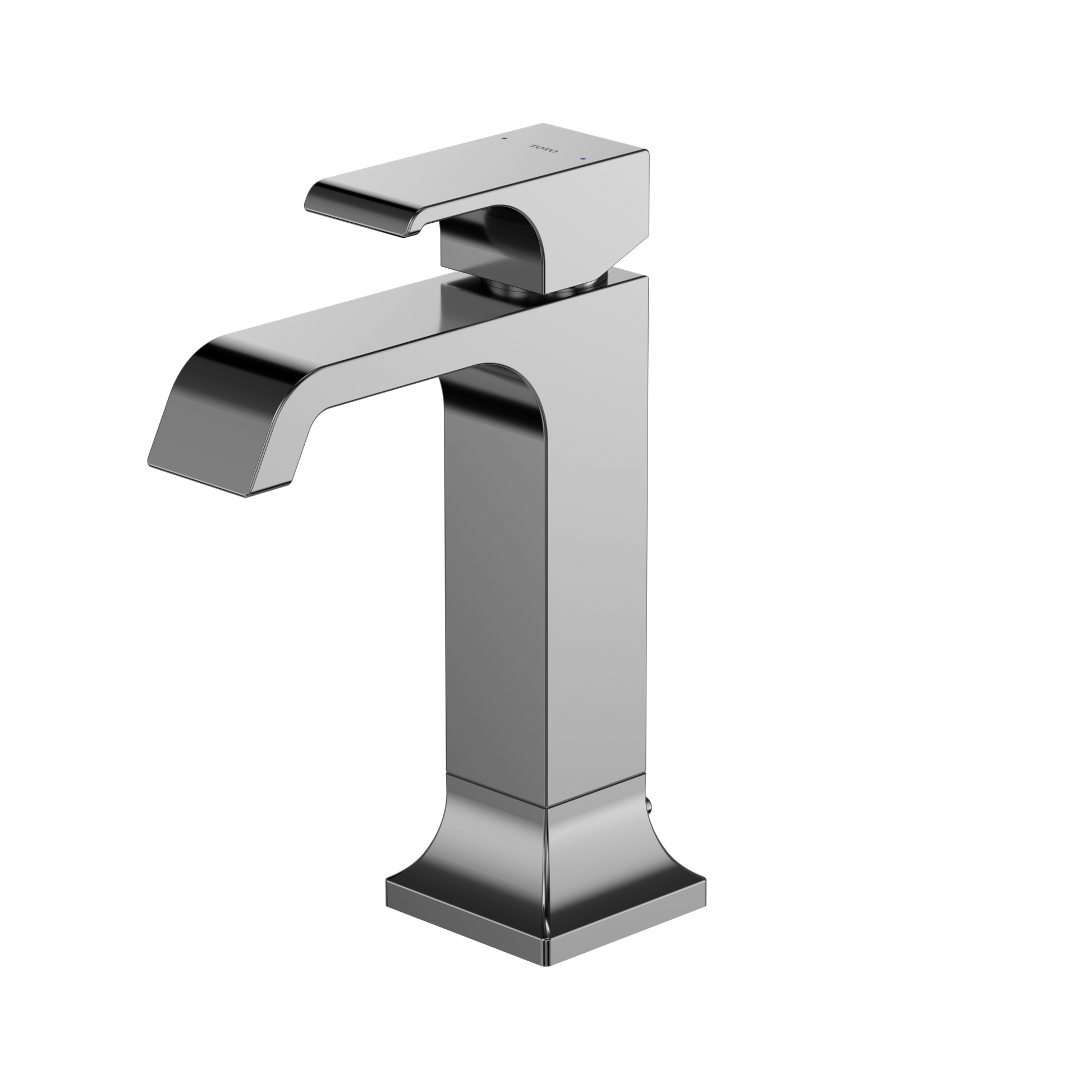 Polished chrome single-handle bathroom sink faucet with curved spout and square base design.