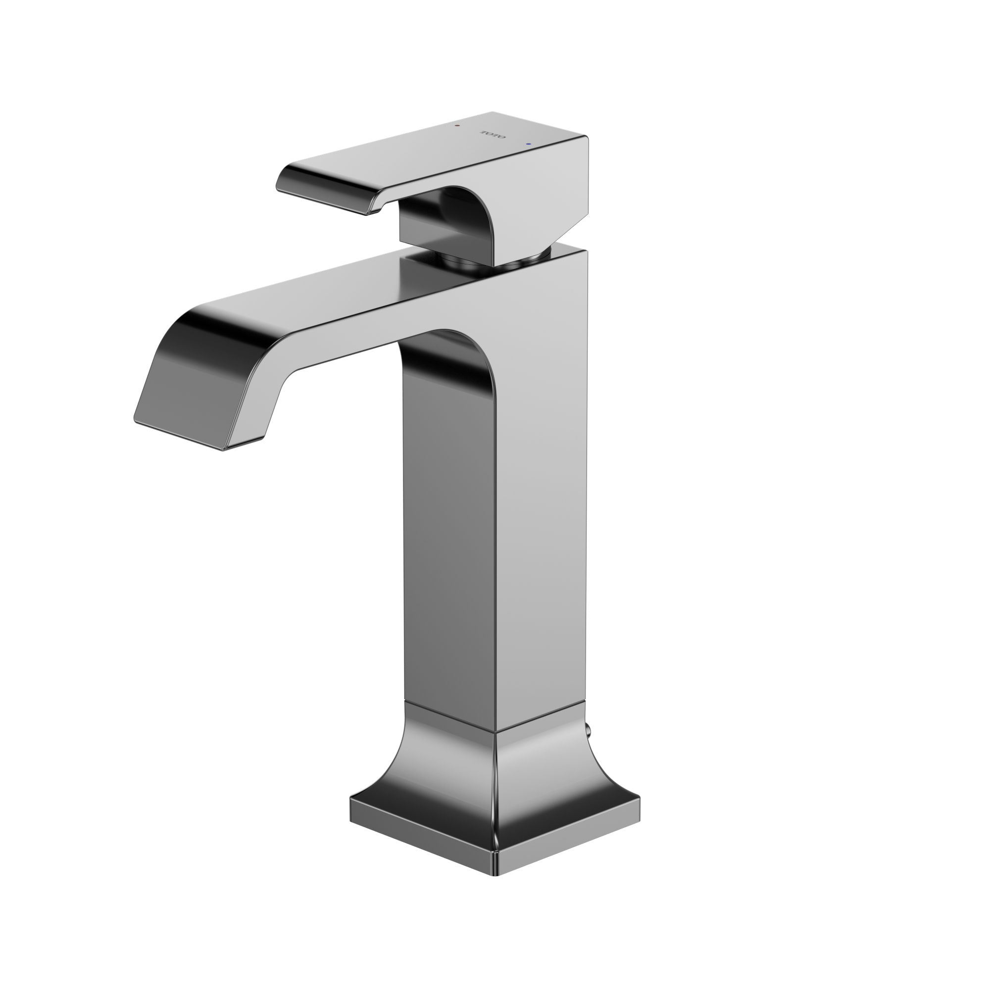 Polished chrome single-handle bathroom sink faucet with curved spout and square base design.