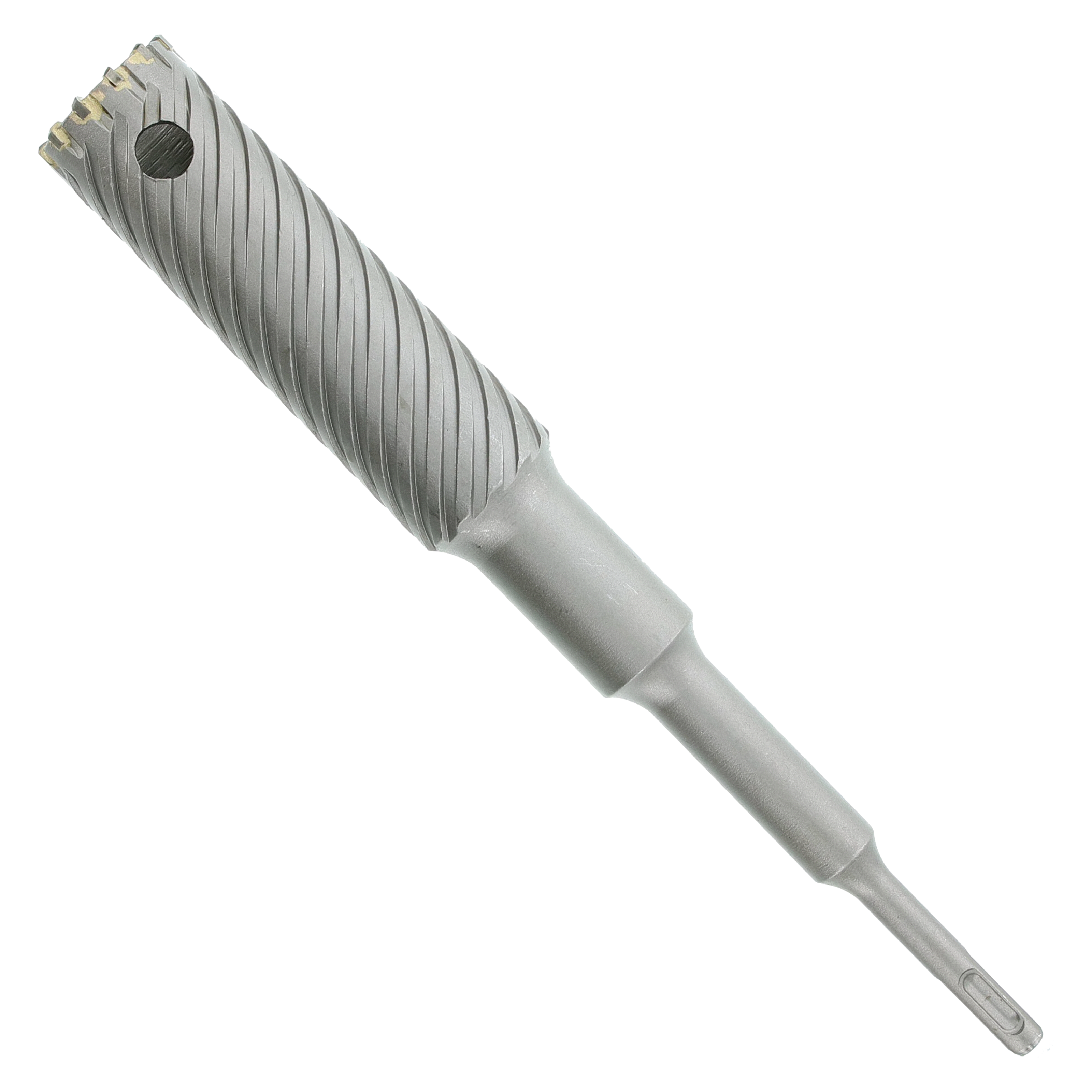 Gray SDS-Plus rebar cutter with spiral flutes and carbide-tipped head, 1-1/2 inch diameter.