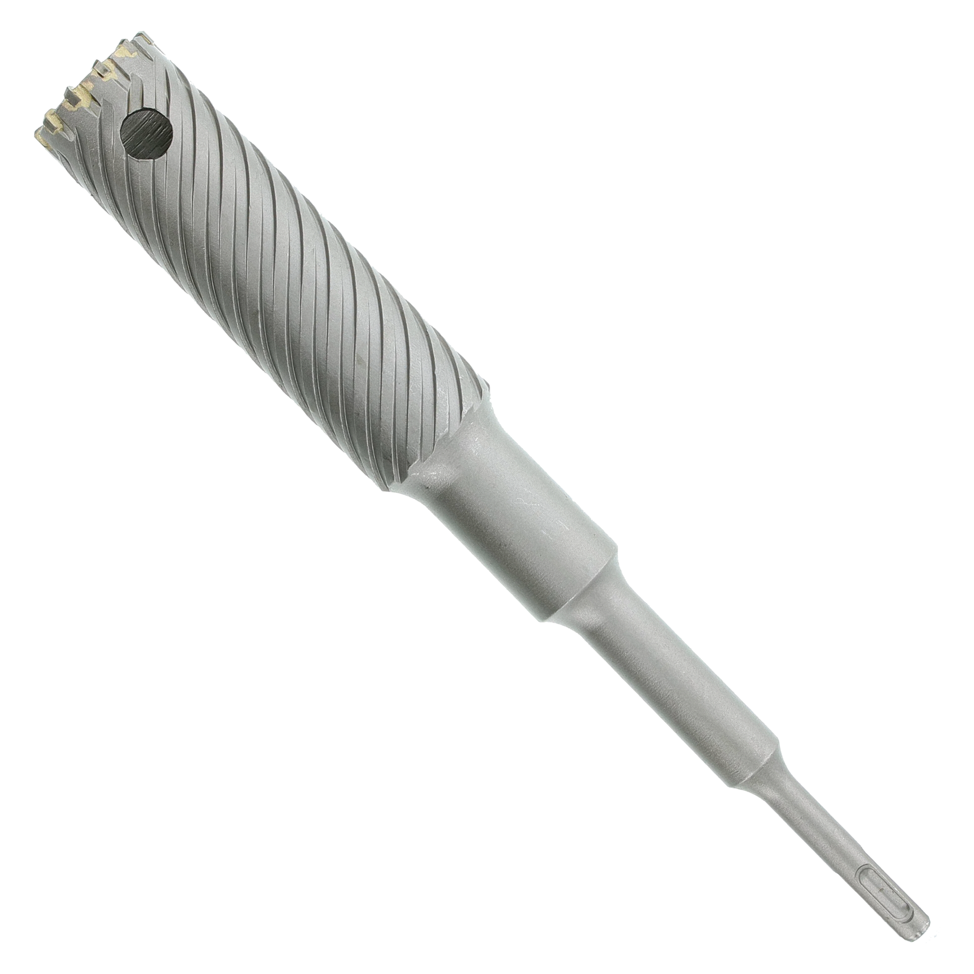 SDS-Plus rebar cutter bit with spiral flutes and carbide teeth on cutting head.