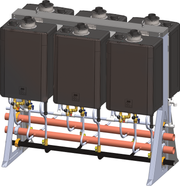 Six dark brown tankless water heater units mounted on a metal frame rack with orange pipes and brass fittings below.