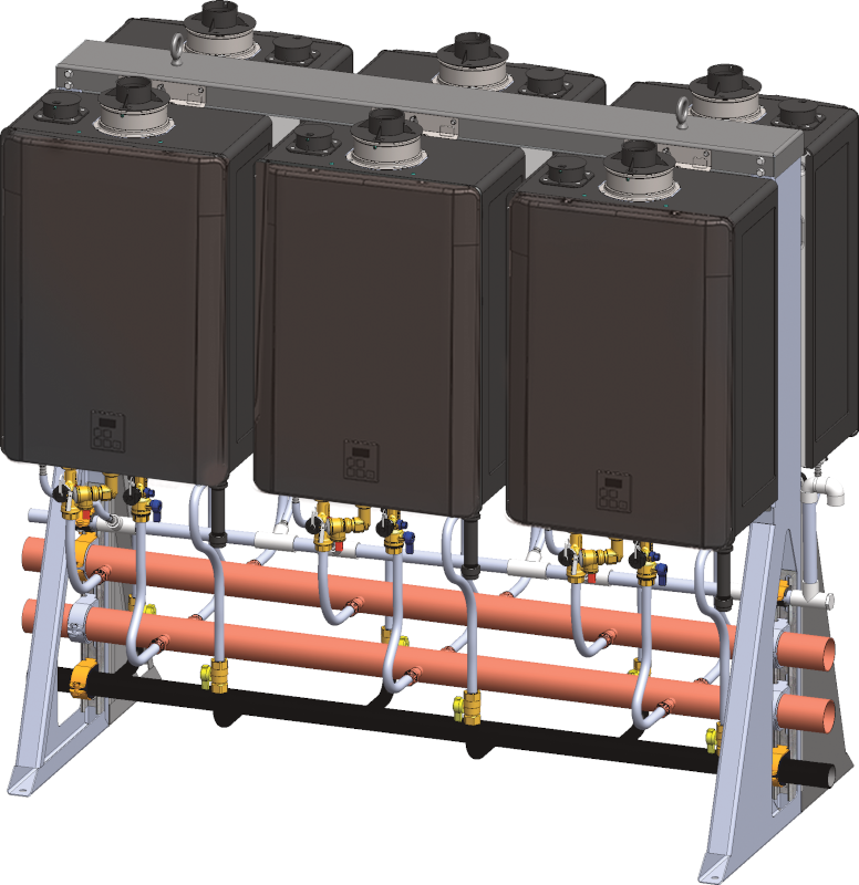 Six dark brown tankless water heater units mounted on a metal frame rack with orange pipes and brass fittings below.