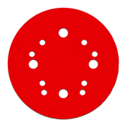 Red circular sanding disc with white hook and loop attachment holes arranged in pattern.