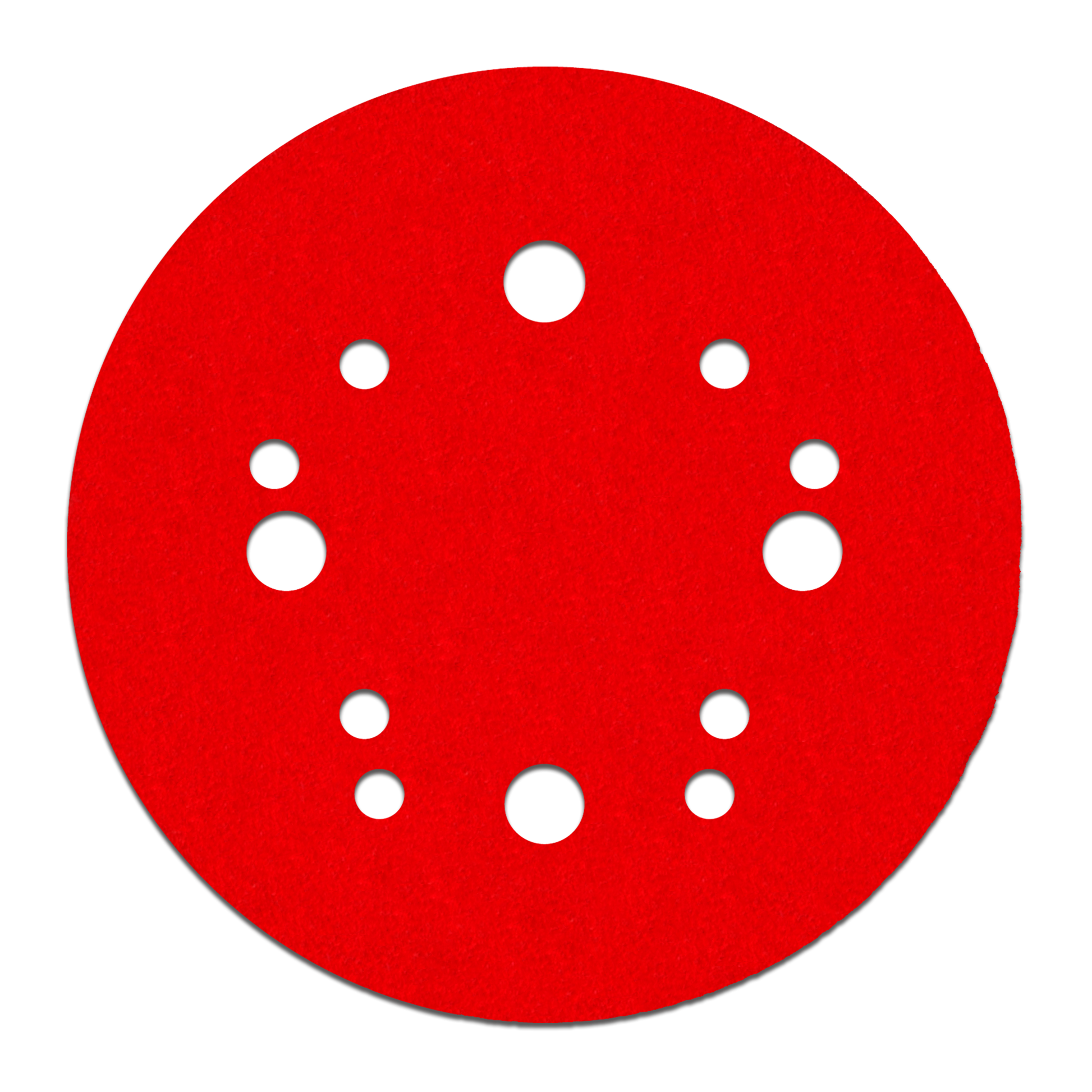 Red circular sanding disc with white hook and loop attachment holes arranged in pattern.