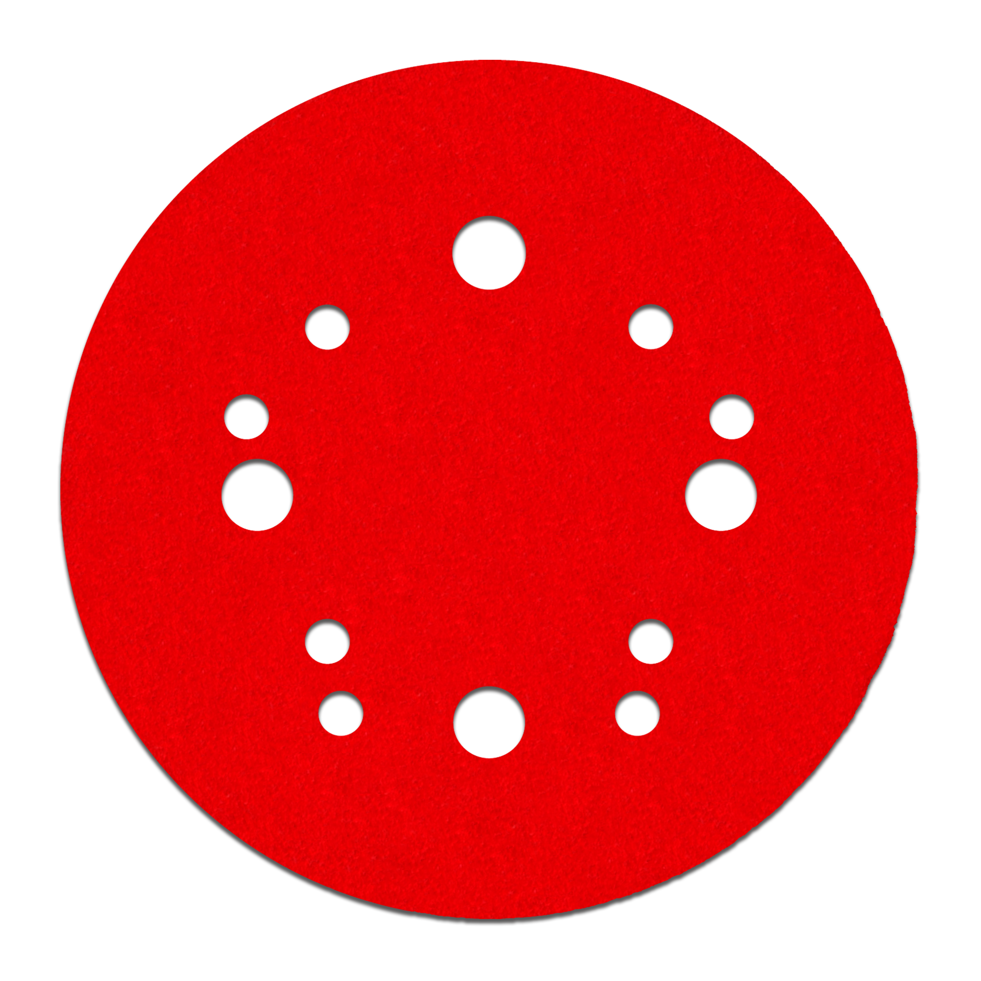 Red circular sanding disc with white hook and loop attachment holes arranged in pattern.