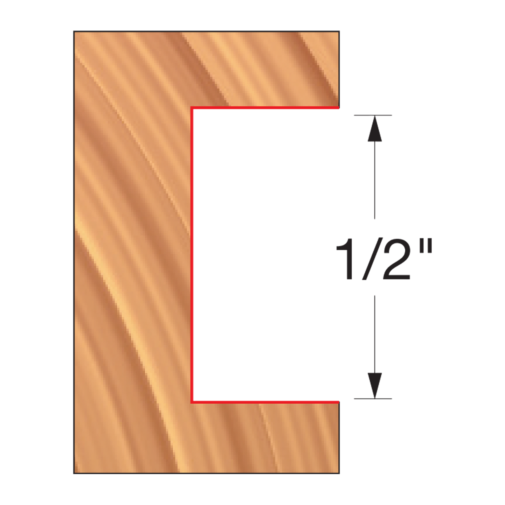 Router bit with groove profile cutting into wood, showing 1/2" depth measurement outlined in red.